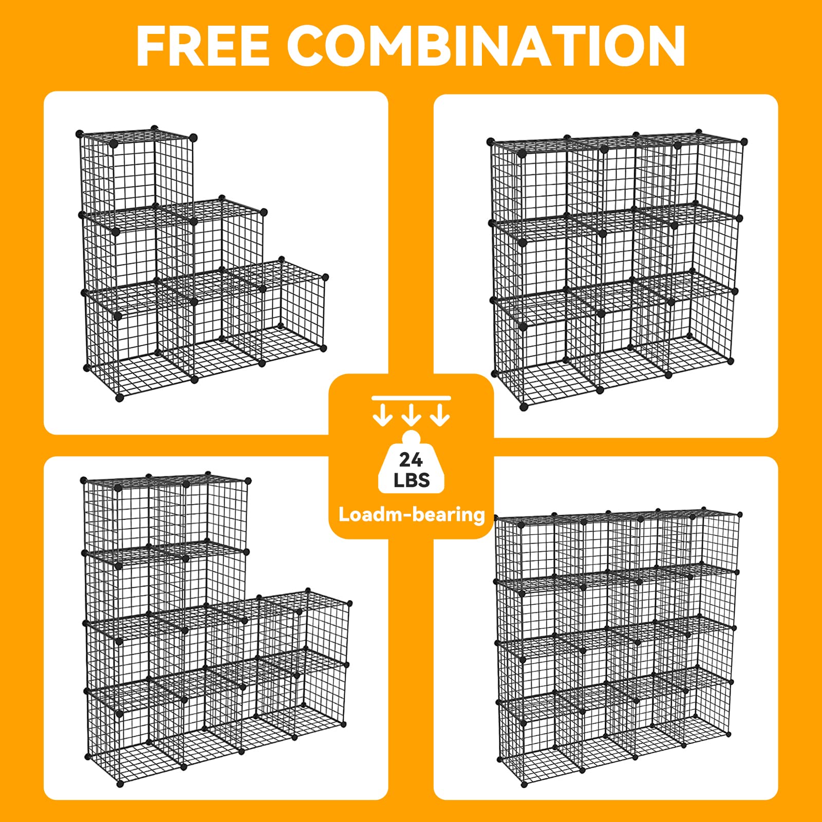 HUBSON 20-Cube Metal Grid Storage Shelf - Freely Combinable Wire Cube Organizer for Books, Toys, Crafts, Potted Plants & Pet Supplies - Black Iron Closet Organizer - Perfect for Home, Office & Dorm Room Organization