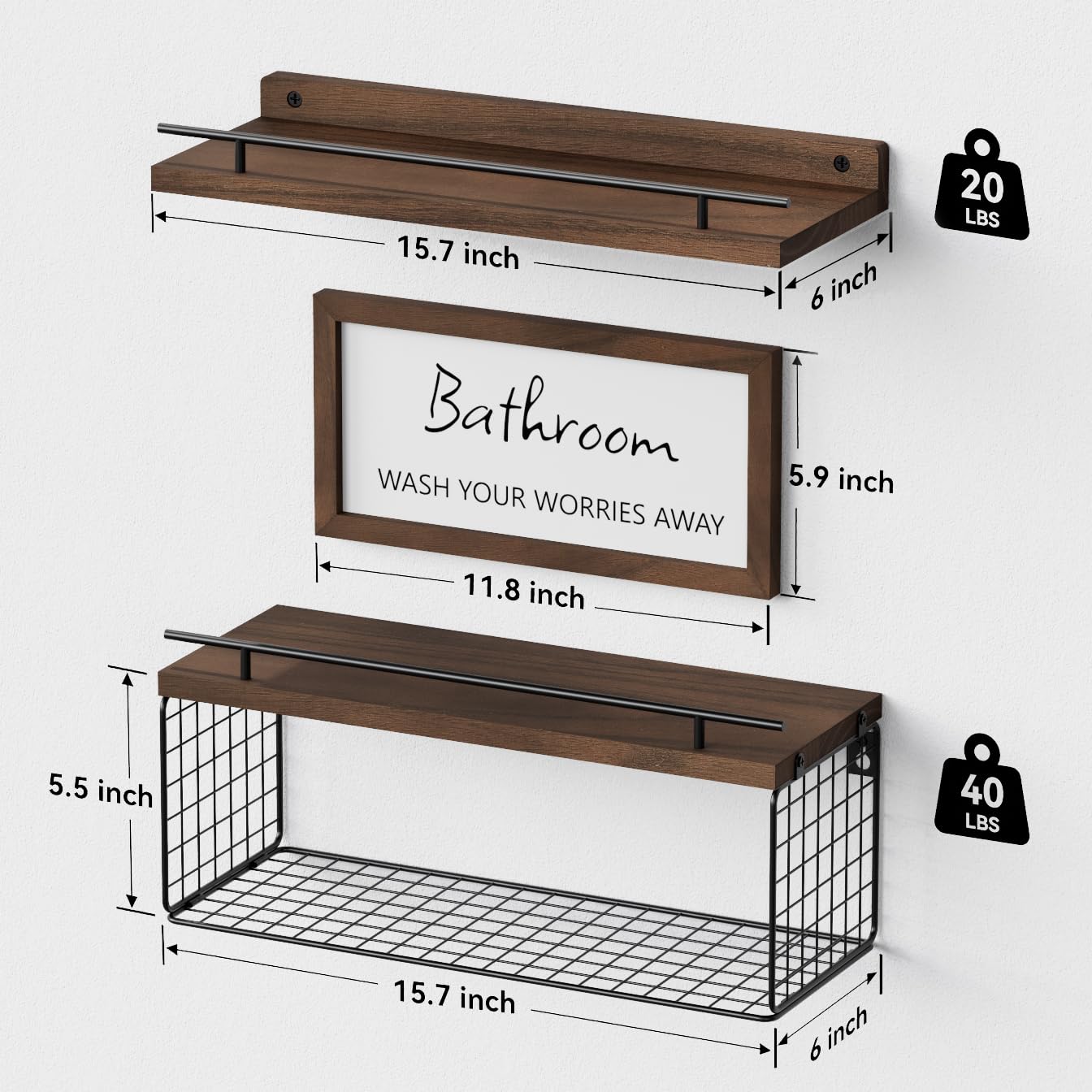 WOPITUES Floating Shelves for Bathroom - Rustic Brown Wood Wall Shelves with Metal Guardrail, Bathroom Storage Organizer for Over Toilet - Perfect for Towels, Plants & Decor