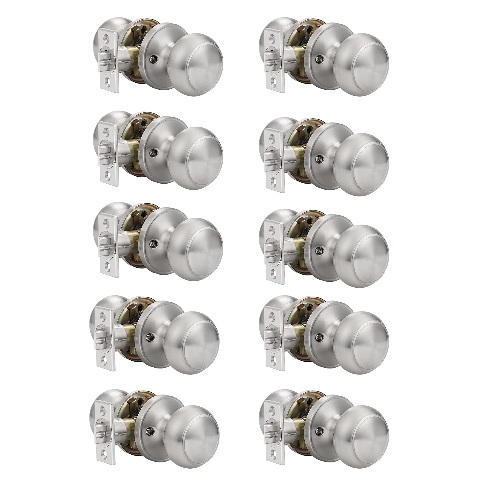 10 Pack Brushed Nickel Passage Door Knobs - Classic Stainless Steel Hallway & Closet Door Handles for Home, Office & Bedroom Interior Doors