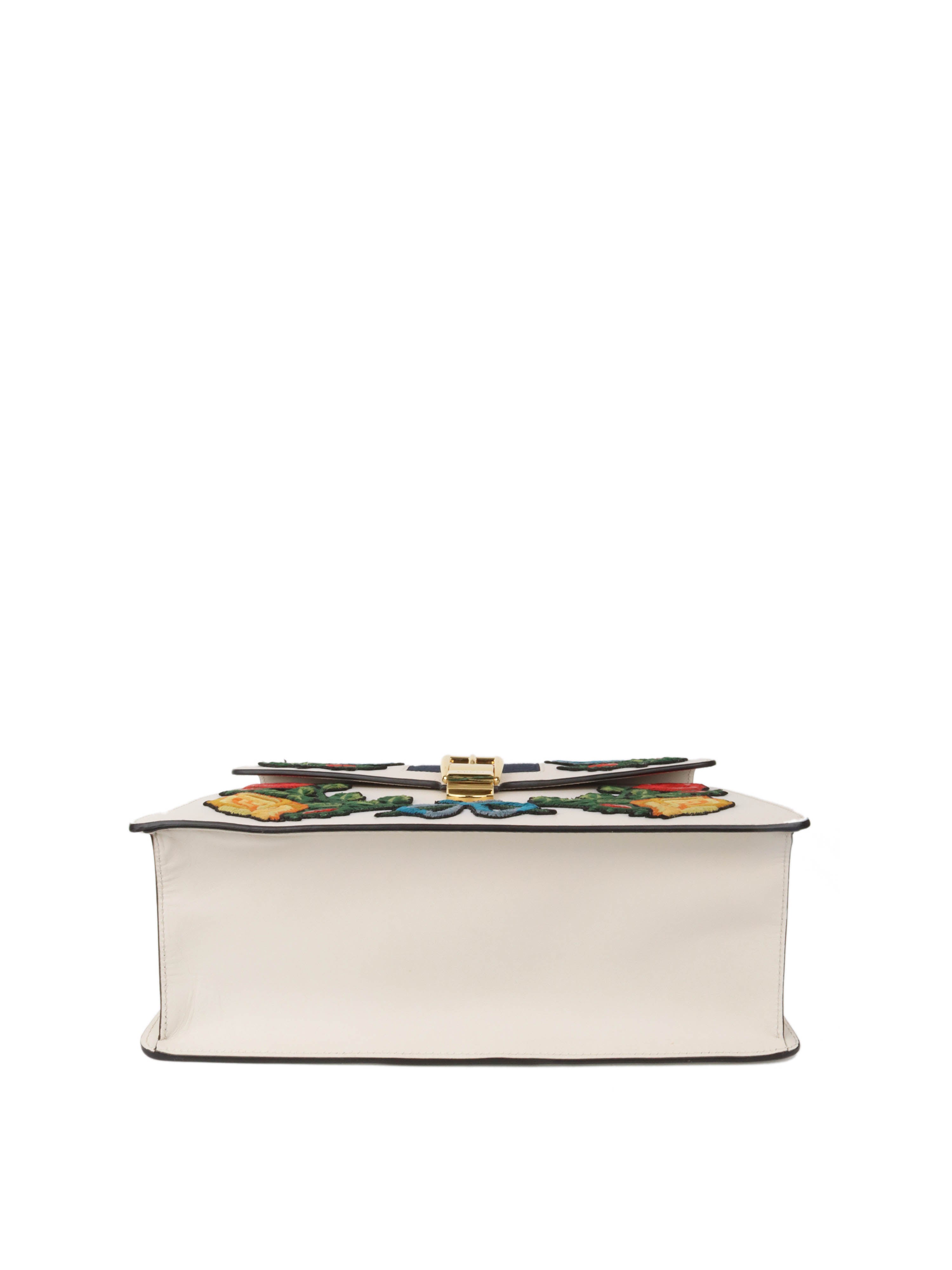 Gucci White Smooth Calfskin Leather Floral Embroidered Medium Sylvie Top Handle Bag for Women | Luxury Designer Handbag for Work, Party & Everyday Use