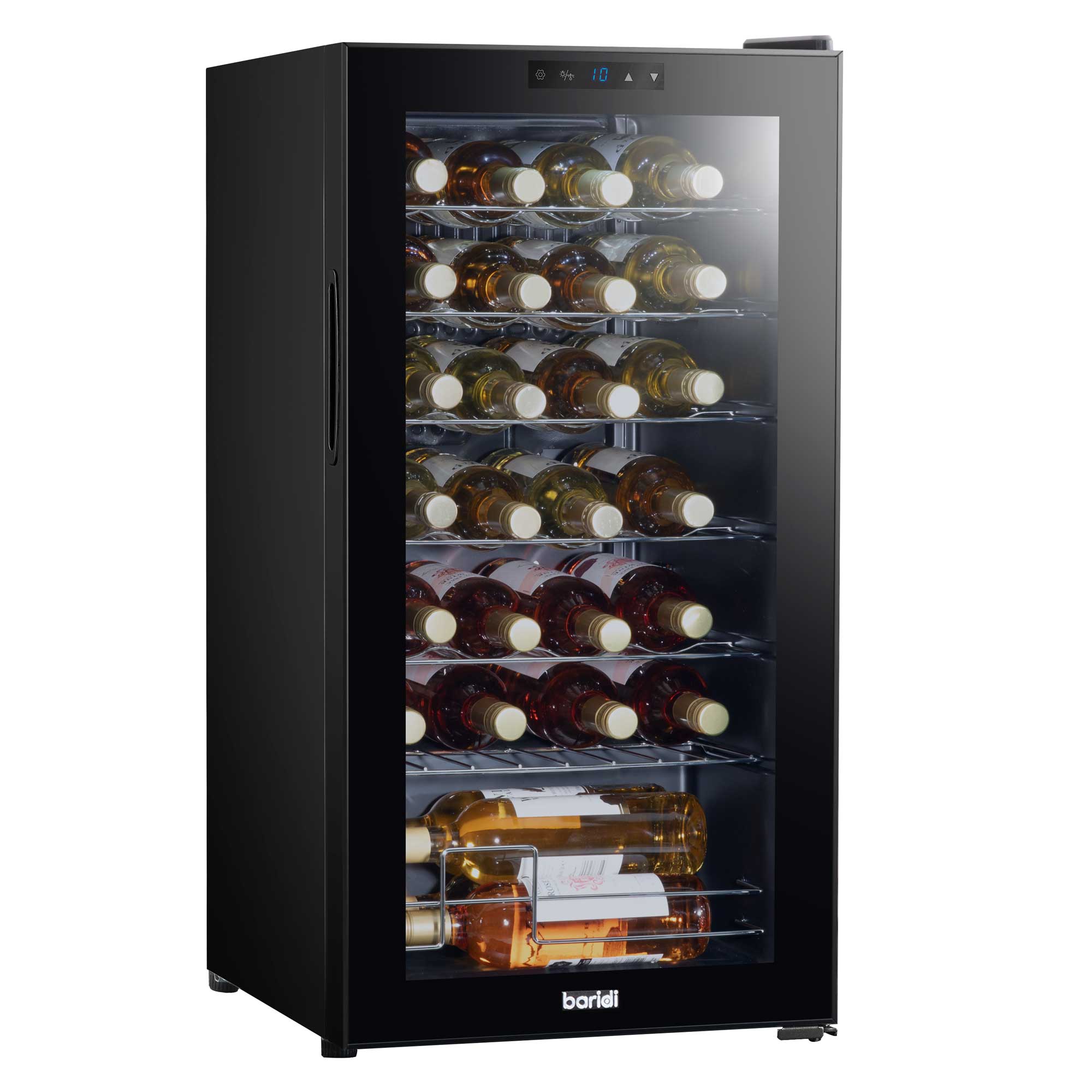 Baridi 28 Bottle Wine Cooler Refrigerator - Digital Touch Screen Control, LED Interior Lighting, Freestanding Black Wine Fridge for Home, Kitchen, Bar, or Restaurant Use