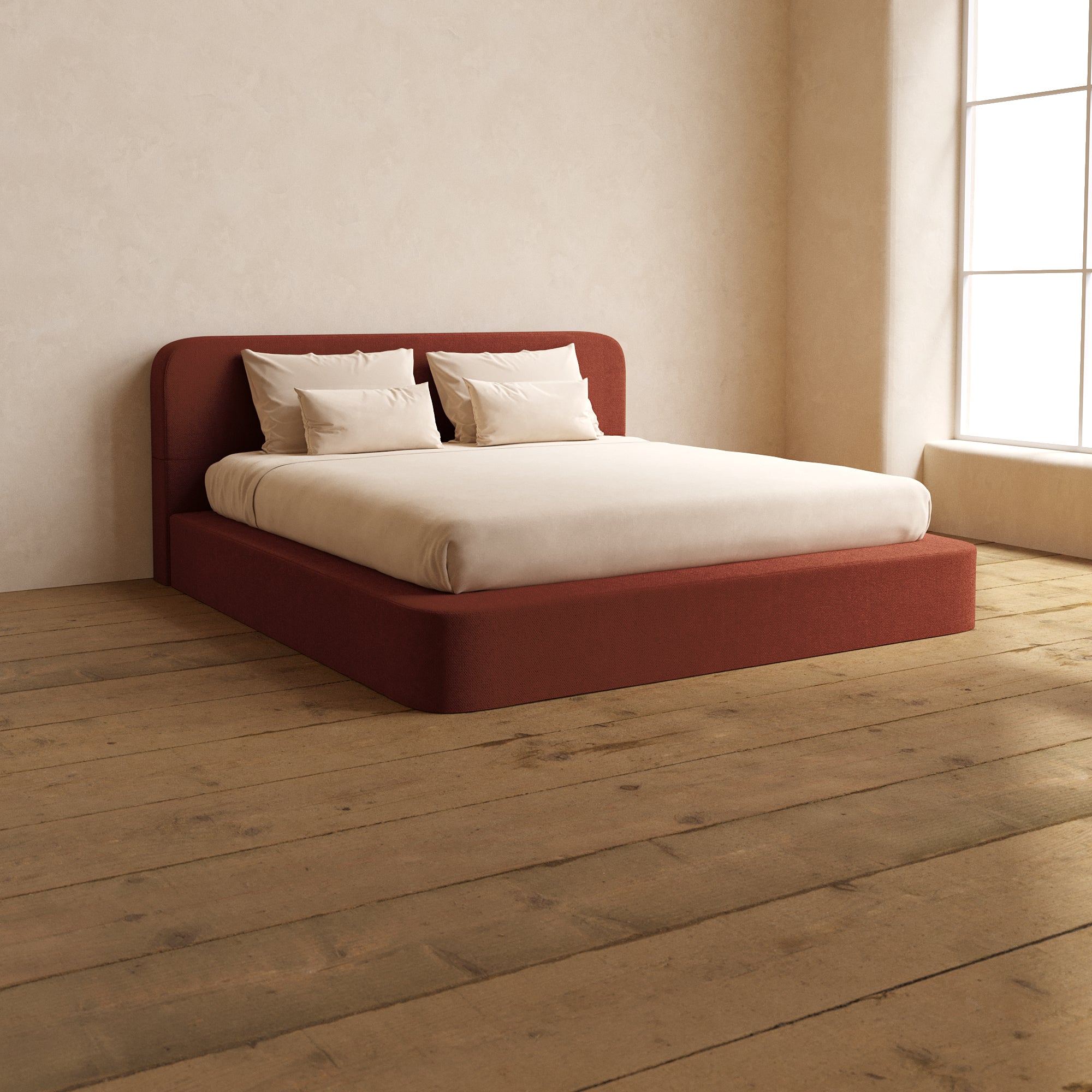 King Upholstered Platform Bed with Headboard - Rust Knit Velvet Fabric for Bedroom, Guest Room & Master Suite | Modern & Comfortable Queen/King Size Bed Frame
