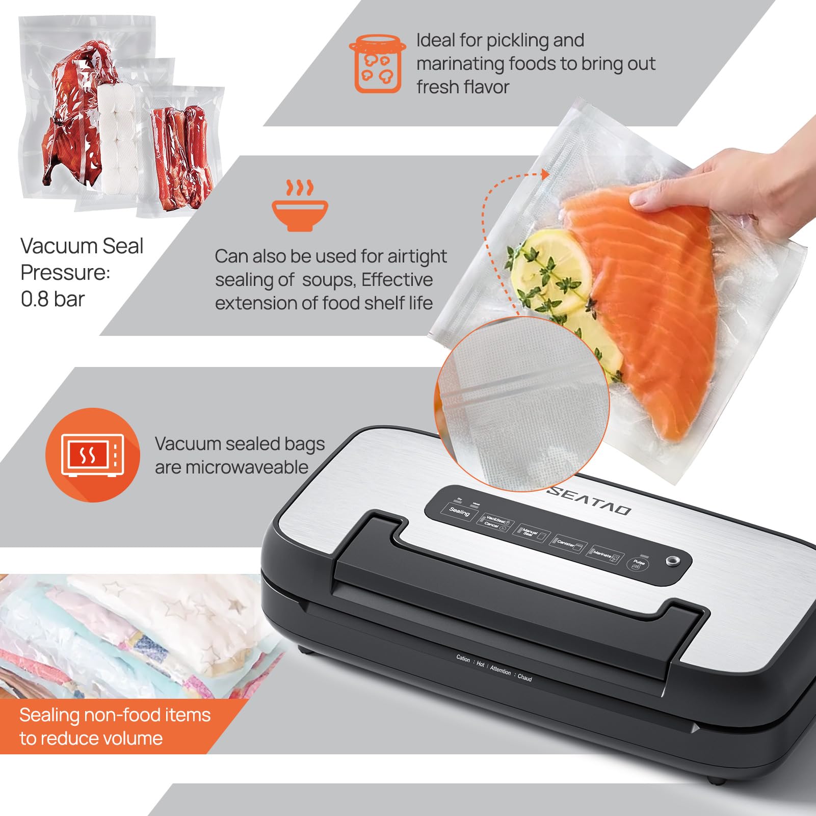 SEATAO 80Kpa Vacuum Sealer Machine for Food Preservation - Dry & Moist Modes, Locking Handle Design, Removable Drip Tray, Built-in Cutter & Bag Storage | Perfect for Meal Prep, Sous Vide, Freezing & Extending Food Freshness