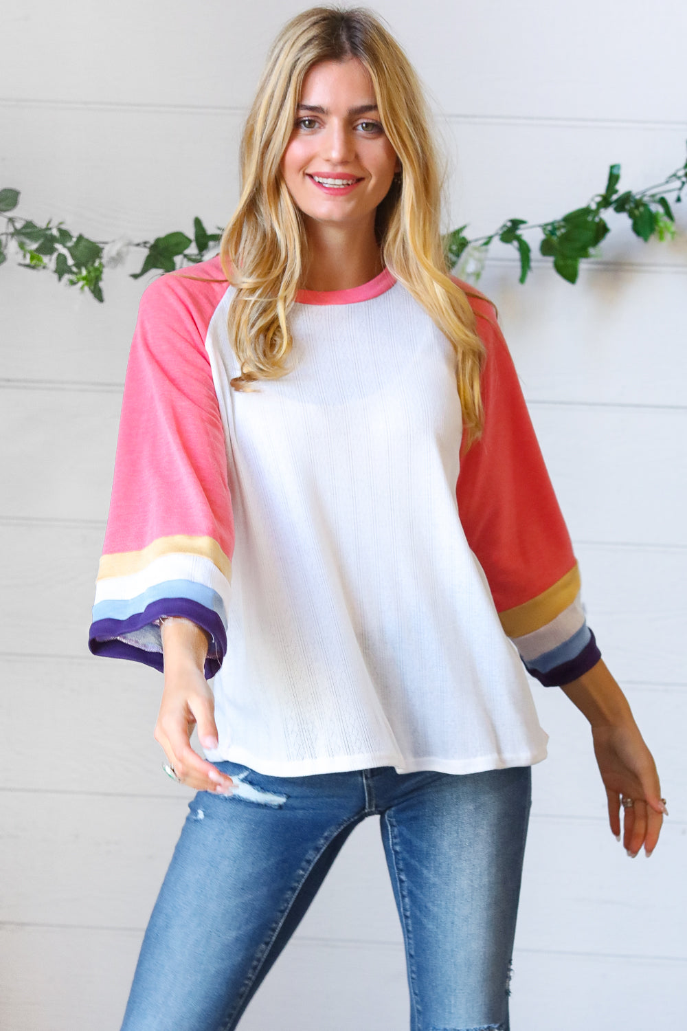 Stylish Pink Pointelle Color Block Wide Sleeve Pullover Sweater | Women's Fashion Knit Top | Perfect for Casual Outings & Layering