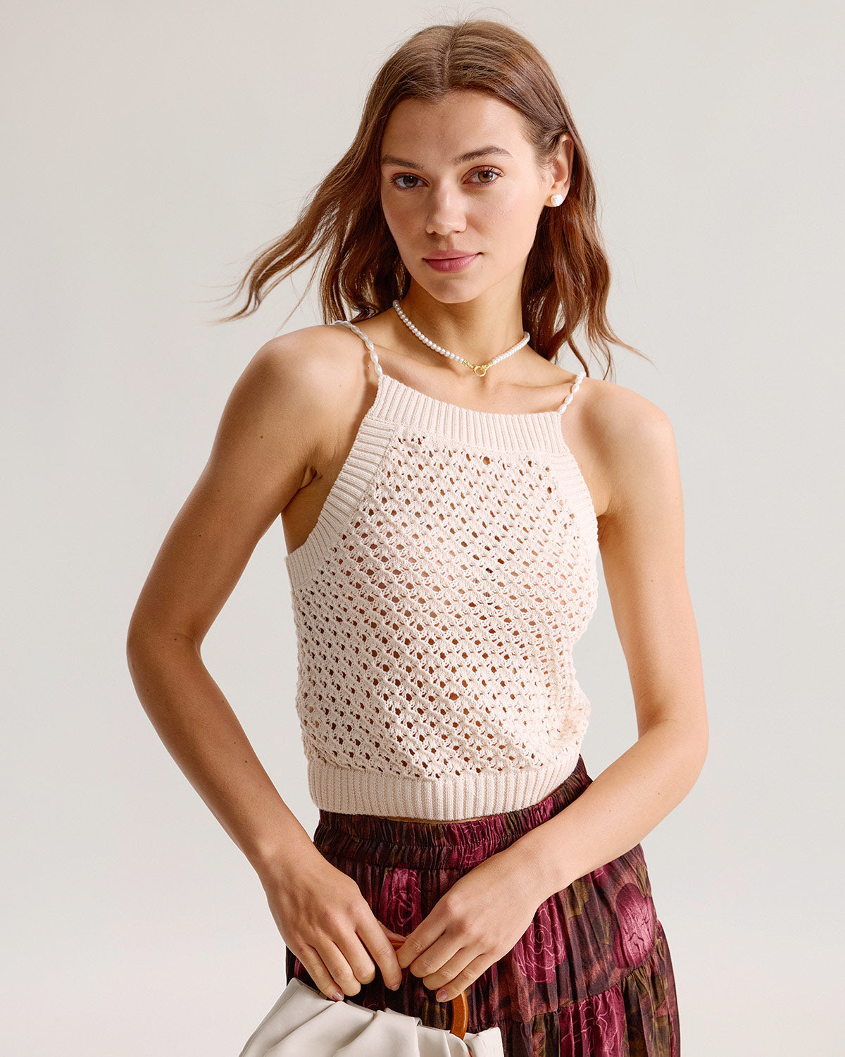 Beige Crochet Beaded Cami Top for Women - Boho Summer Beachwear, Casual Lace Crop Top for Outdoor Music Festivals & Vacation Outfits