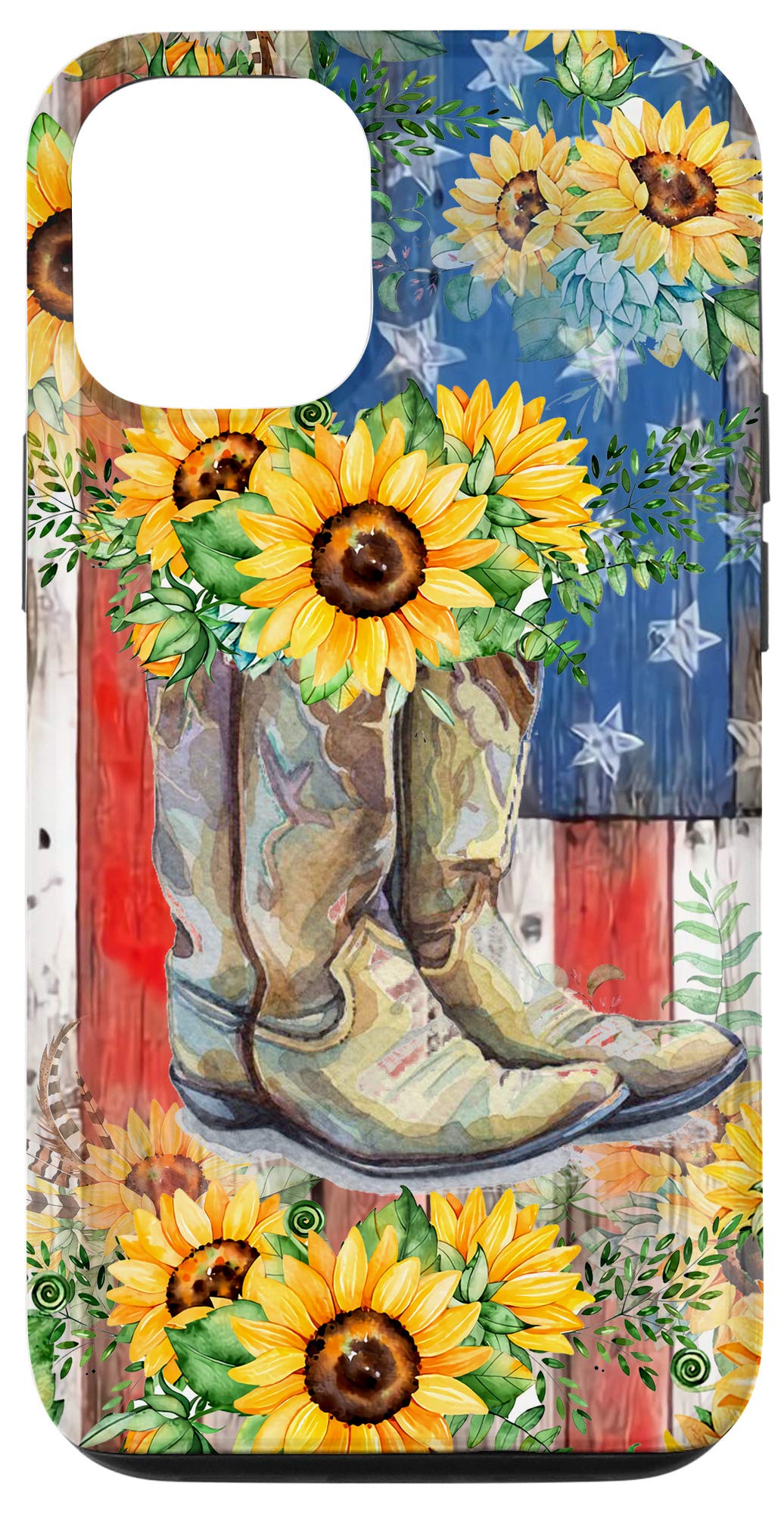 iPhone 12/12 Pro Case - Sunflower & US Flag Cowboy Boots Design - Perfect for Rodeo, Cowgirl, Horse Lovers & Western Style Enthusiasts - Great for Ranch Work, Country Music Festivals & Outdoor Adventures
