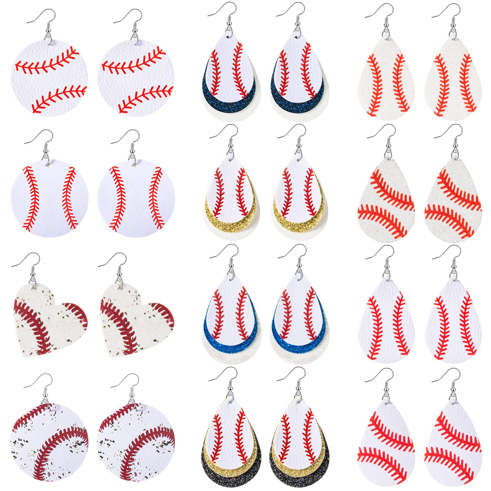 Highergo 12 Pairs Women's Baseball Stud Earrings - Geometric Glitter Dangle Softball Jewelry for Sports Fans - Perfect Gift for Baseball Lovers, Game Day Accessories & Casual Wear