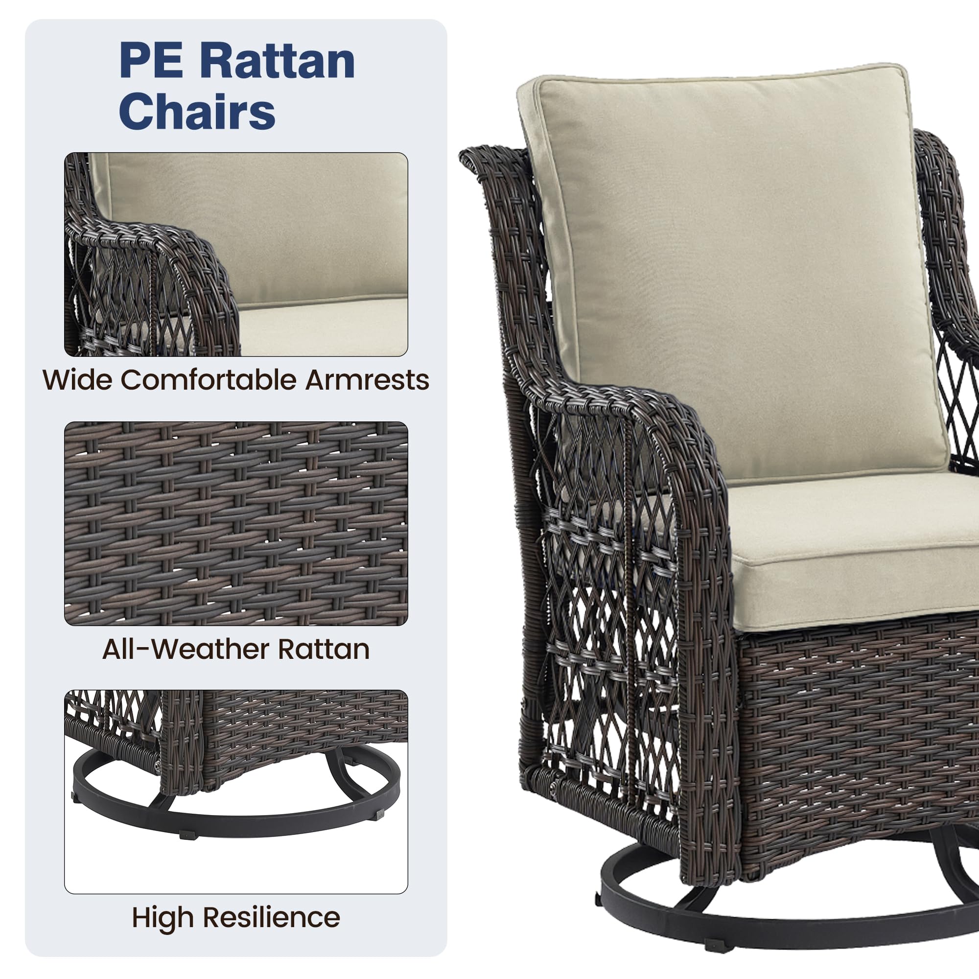GAOMON 3-Piece Outdoor Swivel Rocking Chair Set with Side Table - 360° Rotating Patio Rocker Chairs for Porch, Poolside & Garden - Dark Brown Wicker with Apricot Cushions (Perfect for Relaxing, Sunbathing & Entertaining Guests)