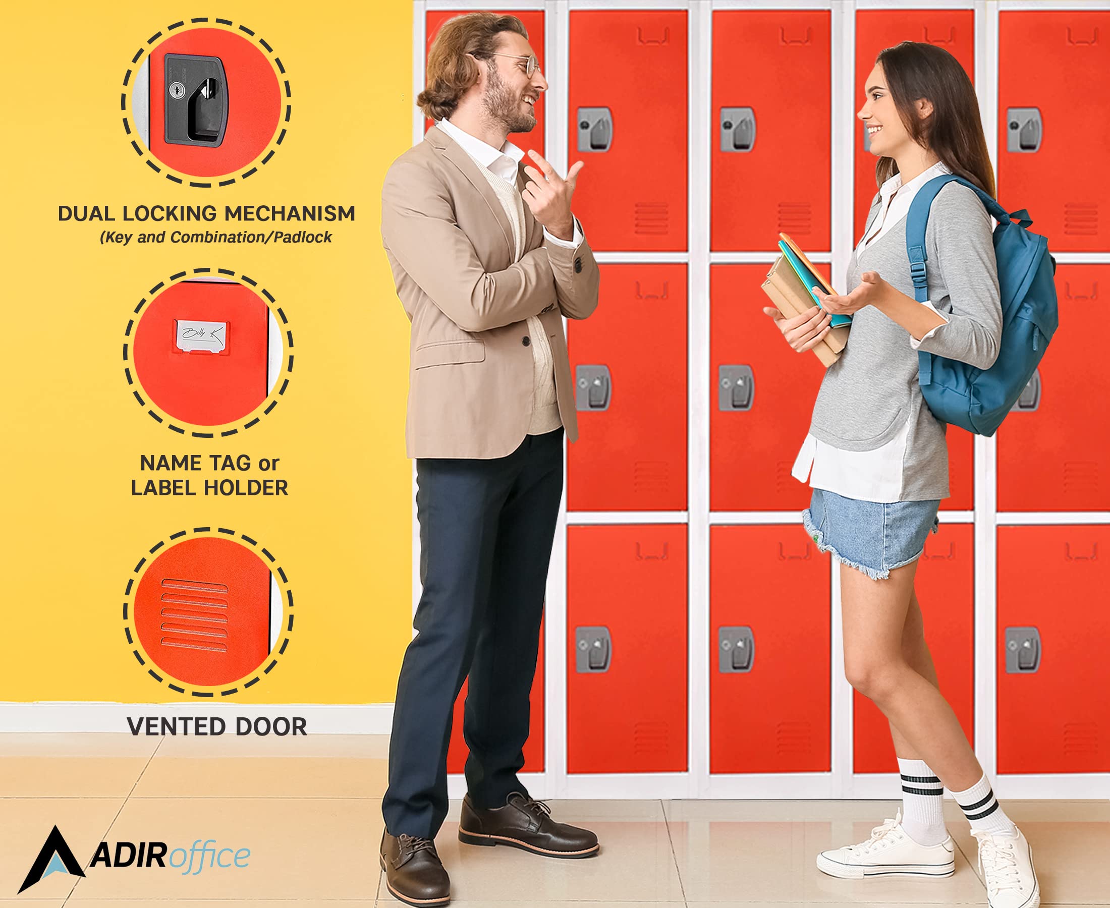AdirOffice 3-Door Large Metal School Locker with Hooks - Heavy Duty Storage Cabinet for School, Office, Garage Organization - Red (Perfect for Backpack Storage, Sports Equipment & Work Tools)
