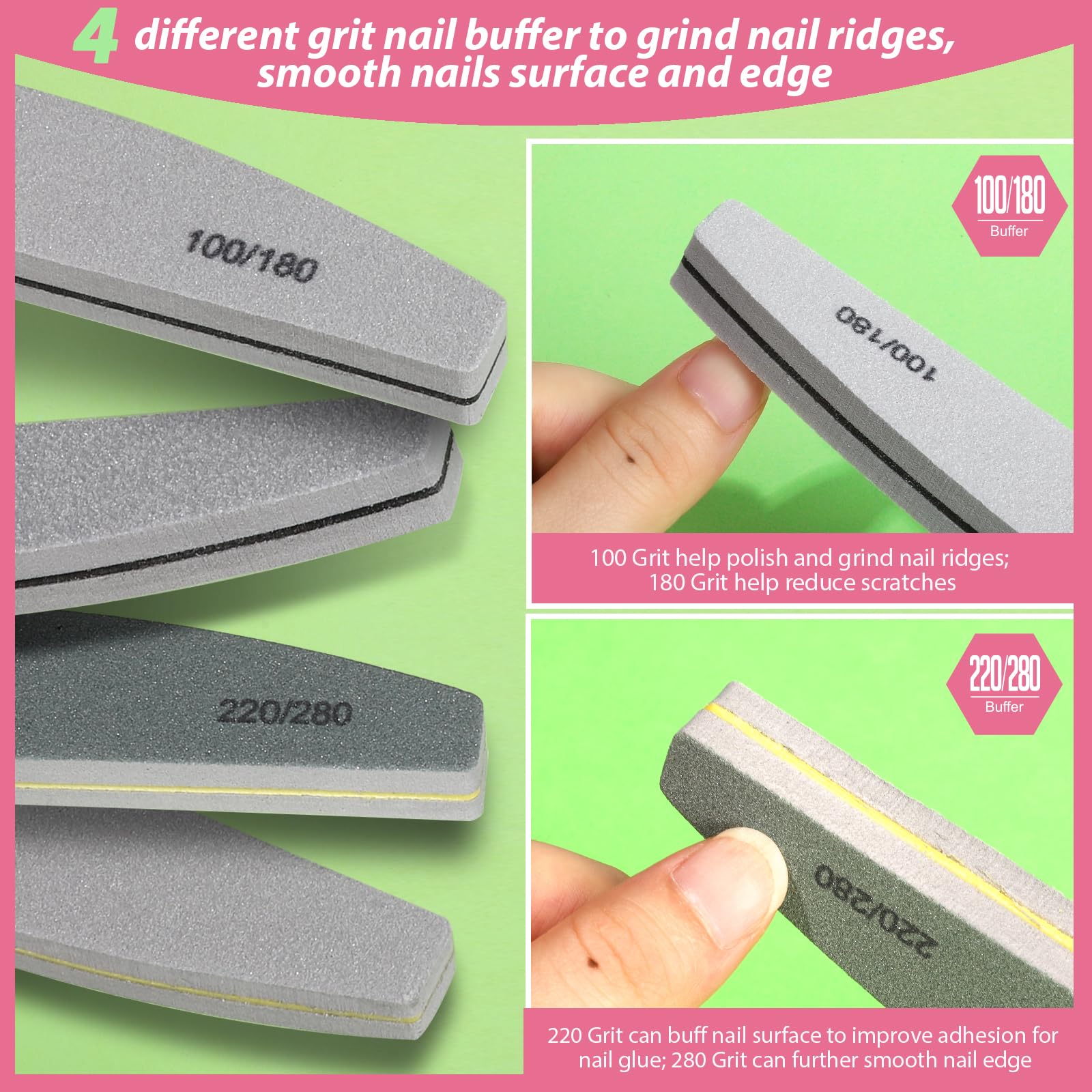 Teenitor Professional Nail File and Buffer Set - 2 Pack 100/180 Grit Emery Boards for Natural & Acrylic Nails - Manicure Pedicure Kit with Nail Buffer Block & Shining Tools - Perfect for Home Salon, Travel & DIY Nail Care
