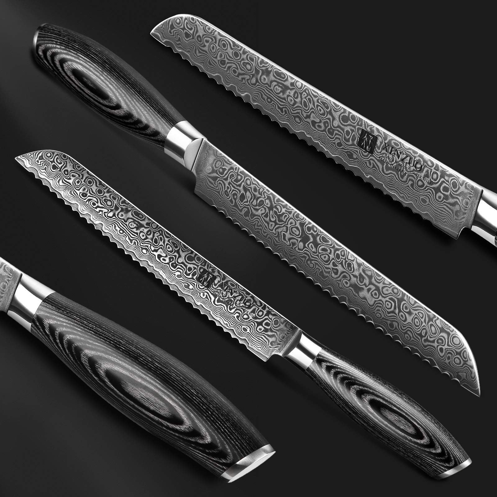 XINZUO 8 Inch Bread Knife - High Carbon 67 Layer Japanese VG10 Damascus Steel Chef Knife with Pakkawood Handle - Professional Kitchen Knife for Slicing Bread, Cake & Pastry - Perfect for Home Chefs & Bakeries