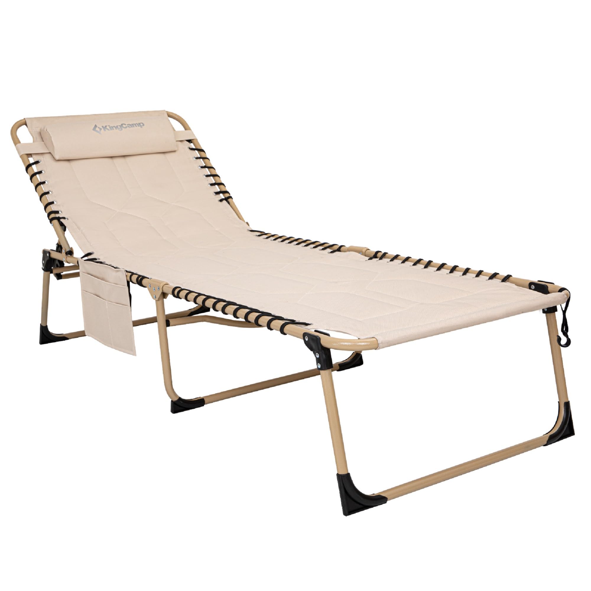 KingCamp Oversized Padded Folding Chaise Lounge Chair - Heavy Duty Adjustable Recliner with Pillow & Storage Pocket for Outdoor, Patio, Beach, Pool - Perfect for Sunbathing, Tanning & Relaxing in Beige