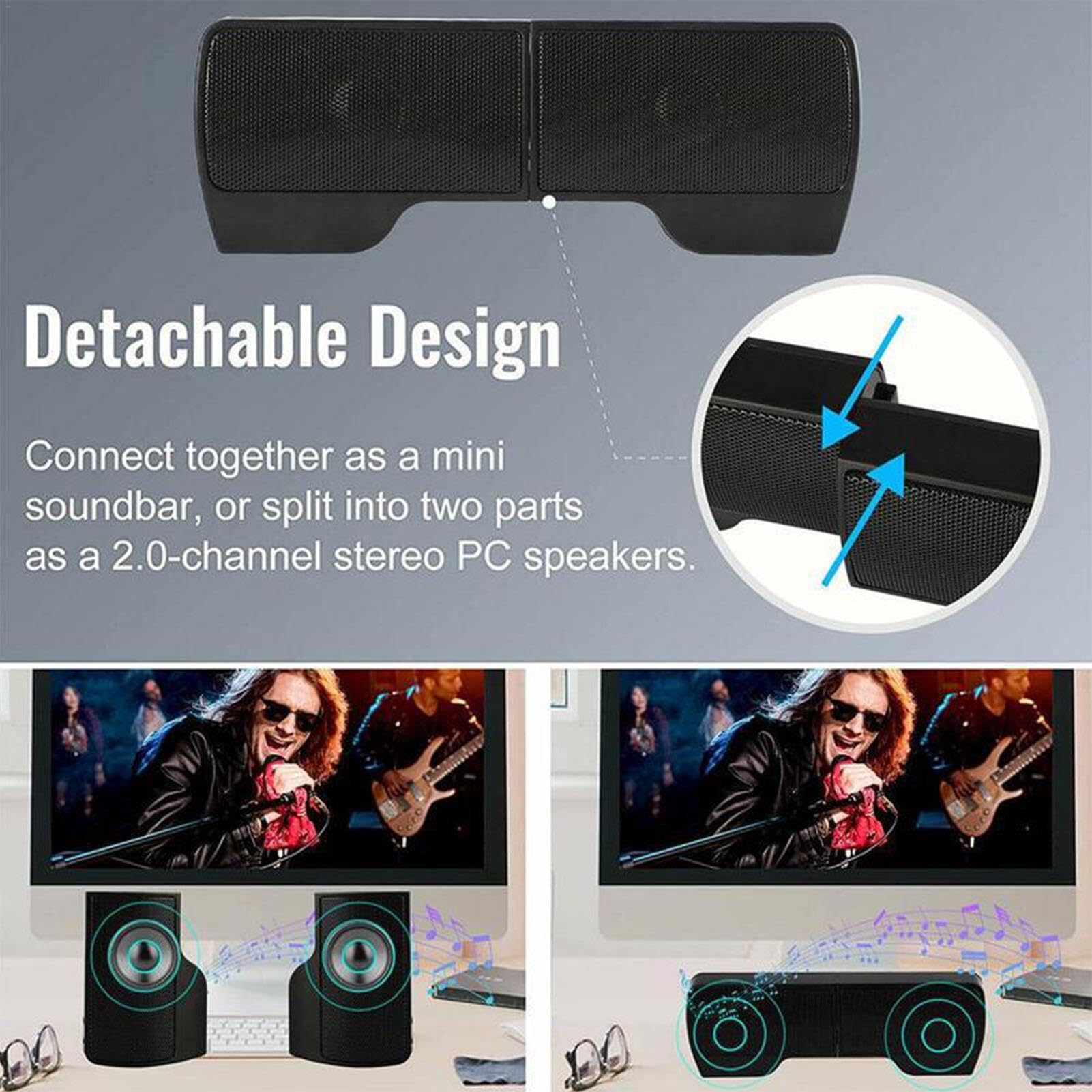 Premium USB Computer Speakers - Stereo Sound Clip-On External Speakers for Desktop, Laptop & Monitor | Portable Audio Accessories for Gaming, Work & Home Entertainment (Compatible with PC, Mac & Flat Screen TVs)