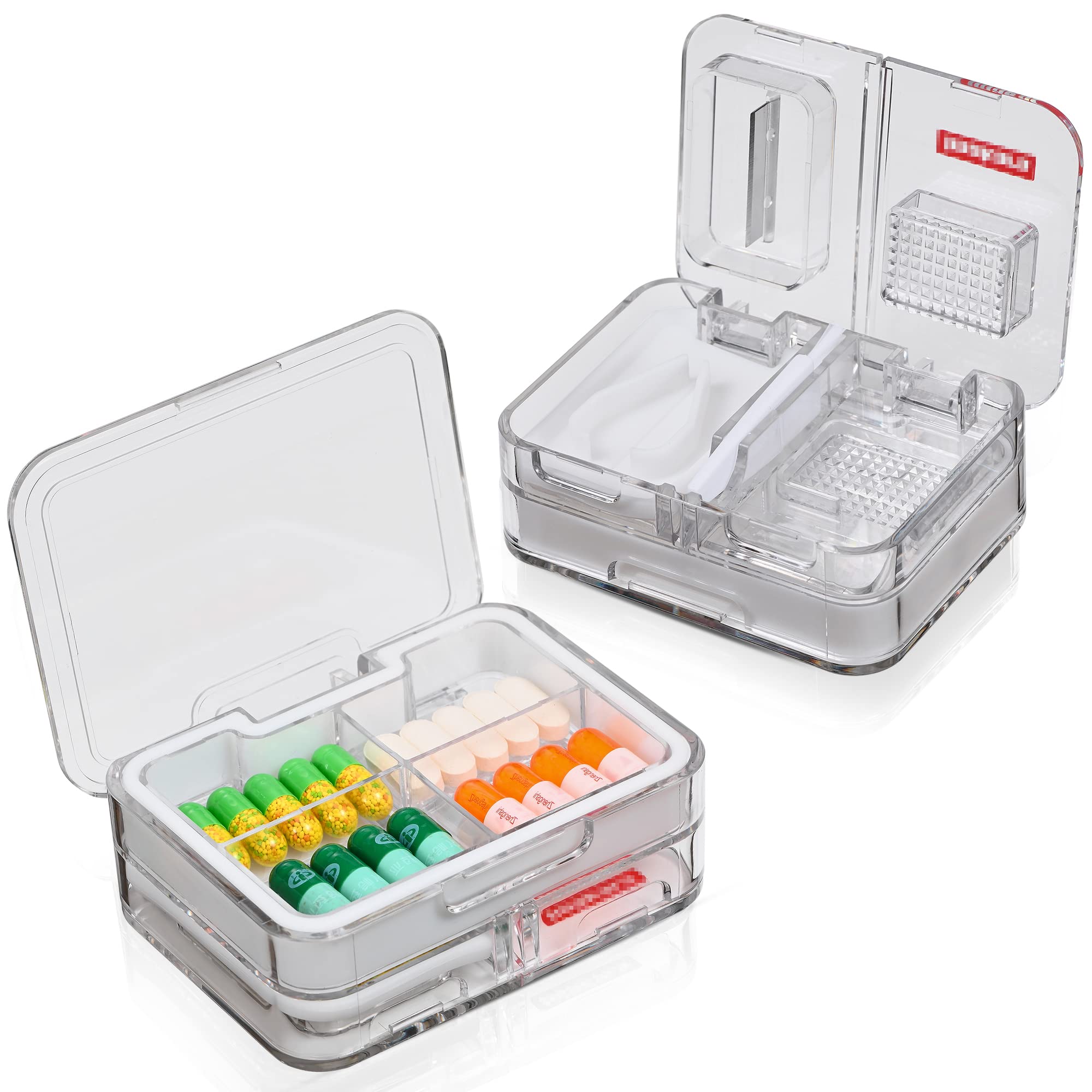 Small Pill Organizer with Cutter & Grinder - Portable Waterproof Travel Pill Box for Supplements, Fish Oil, Capsules - Compact Pill Holder for Daily Use, Travel, and Medication Management (White)