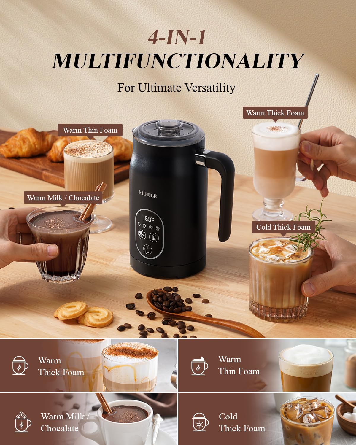 4-in-1 Electric Milk Frother with Temperature Control - Automatic Warm & Cold Foam Maker for Coffee, Latte, Cappuccino - Perfect for Home Baristas & Coffee Shops