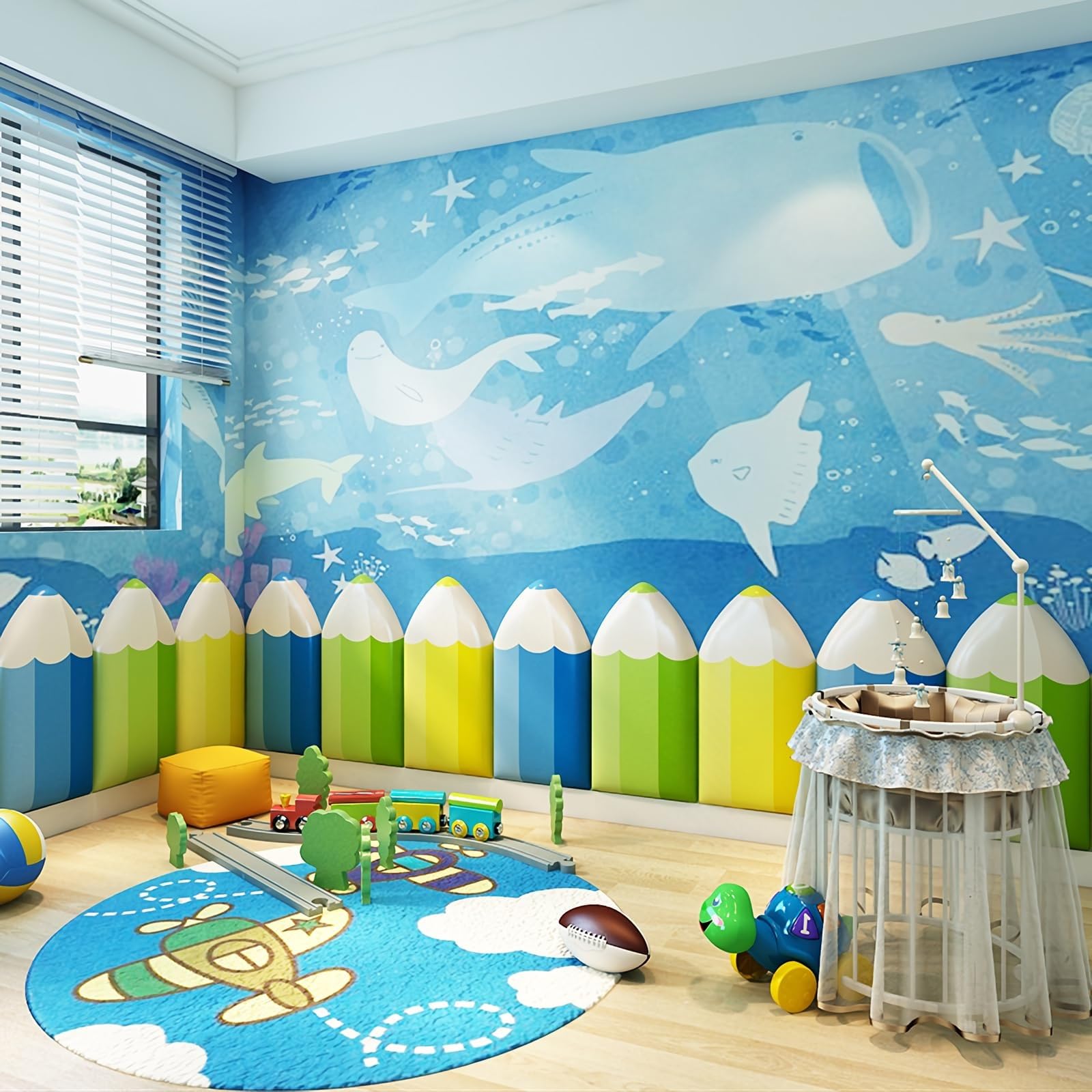 3D Anti-Collision Wall Stickers for Kids - 1.8cm Thick Pencil-Shaped Wall Padding, DIY PU Self-Adhesive Waterproof Wall Protector for Bedroom, Nursery & Playroom (30x60cm, Blue) - Perfect for Child Safety & Room Decoration