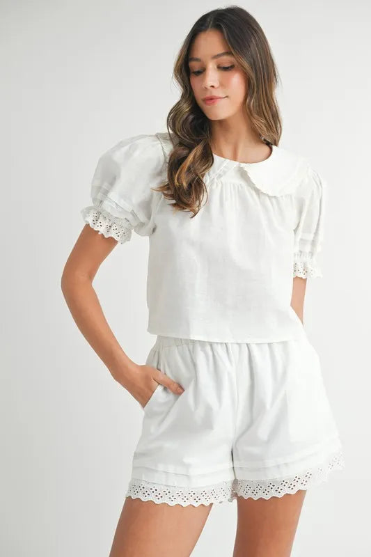 Peter Pan Collar Babydoll Blouse & Shorts Set - Vintage-Inspired Women's Outfit for Casual Wear, Date Night & Summer Fashion