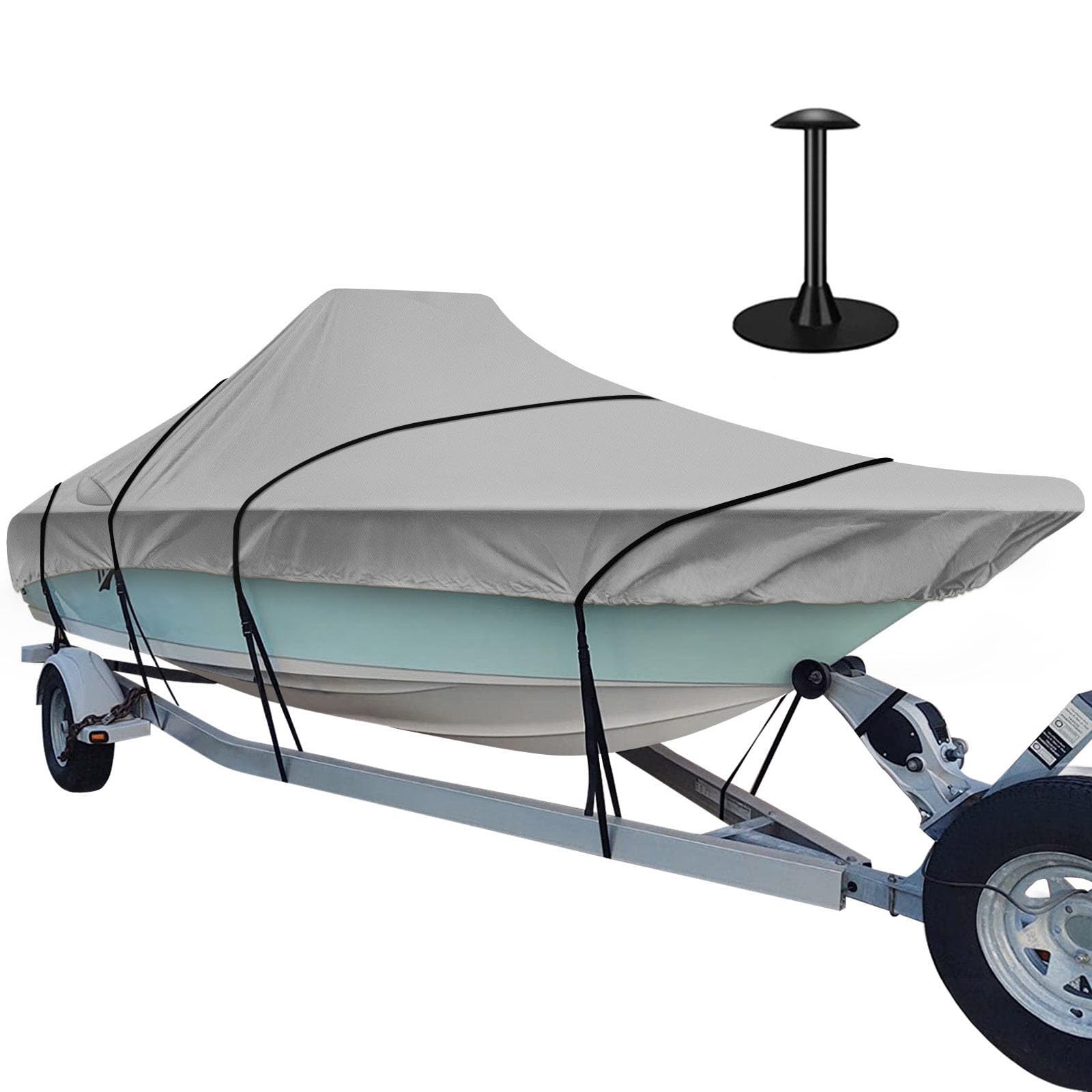Heavy Duty 600D Trailerable Boat Cover for V-Hull Center Console Boats 22-24ft - Fits Beam Width up to 102in & Windshield Height 30in - Includes Support Pole - Waterproof UV Protection for Outdoor Storage & Towing
