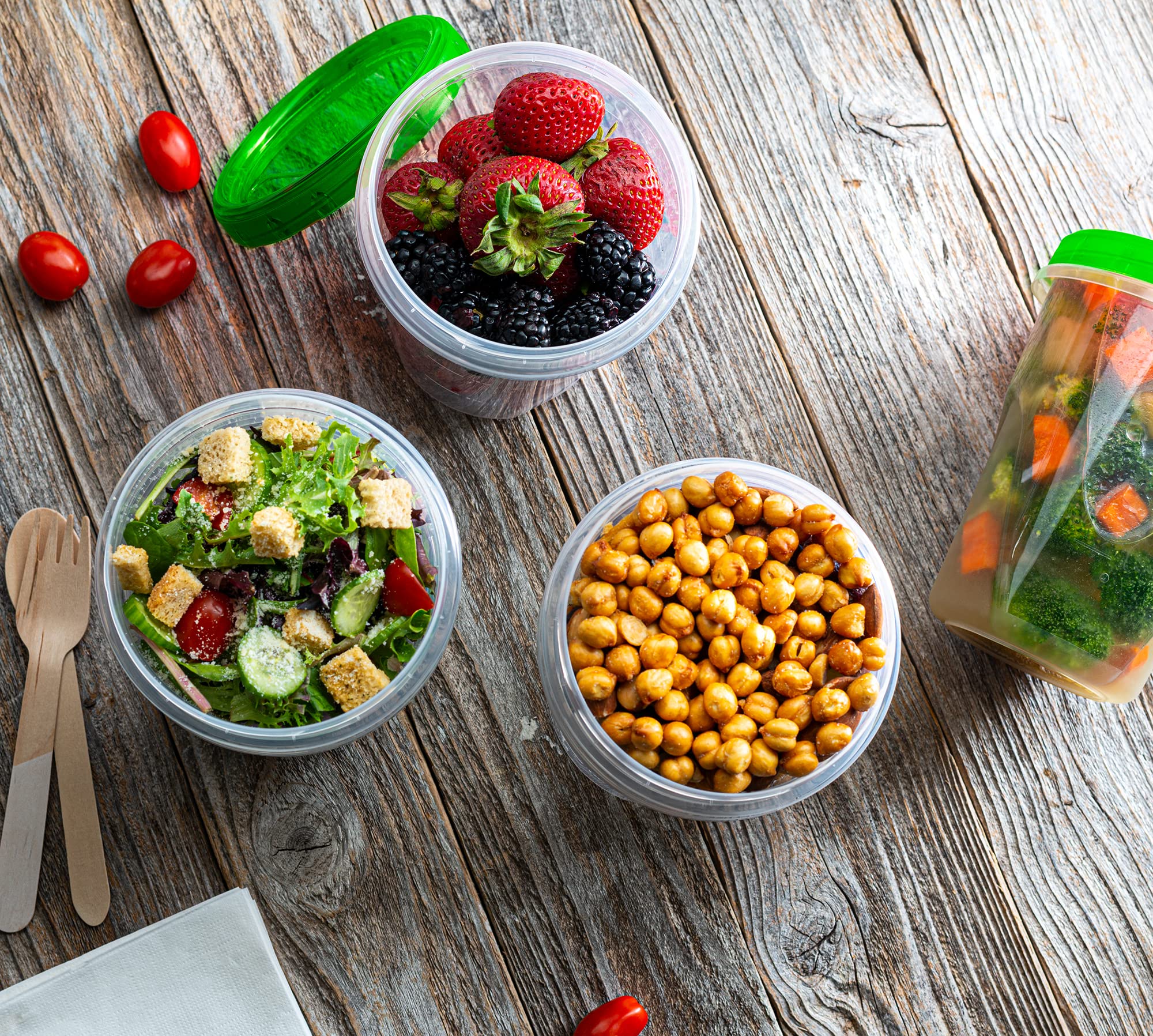32oz (10 Pack) Clear Plastic Food Storage Containers with Green Twist-On Lids - Airtight Freezer Safe BPA-Free Meal Prep Containers for Leftovers, Snacks & Kitchen Organization