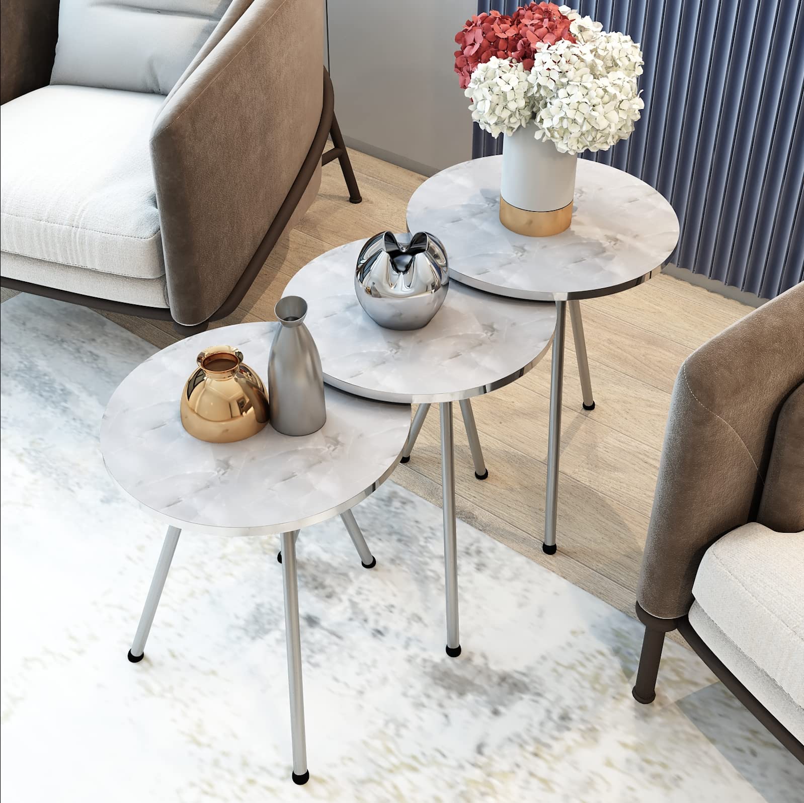 3-Piece Round Nesting End Tables Set - Stackable Coffee & Side Tables for Small Spaces, No-Tools Assembly Nightstand for Bedroom & Living Room (White Marble/Silver) - Perfect for Apartments, Dorms & Cozy Home Decor
