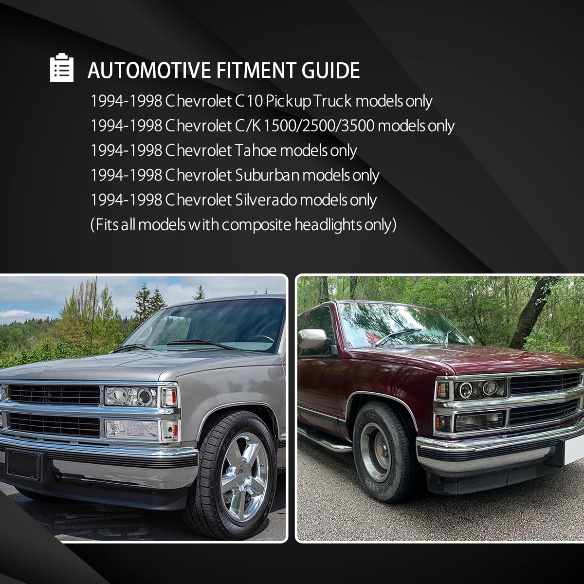 AUTOZENSATION LED Halo Black Projector Headlights Assembly for 1994-1998 Chevy C10 C/K 1500/2500/3500, Tahoe, Suburban - Left & Right Pair with Bumper Lights & Corner Lights | Durable Replacement for Improved Night Visibility & Off-Road Driving