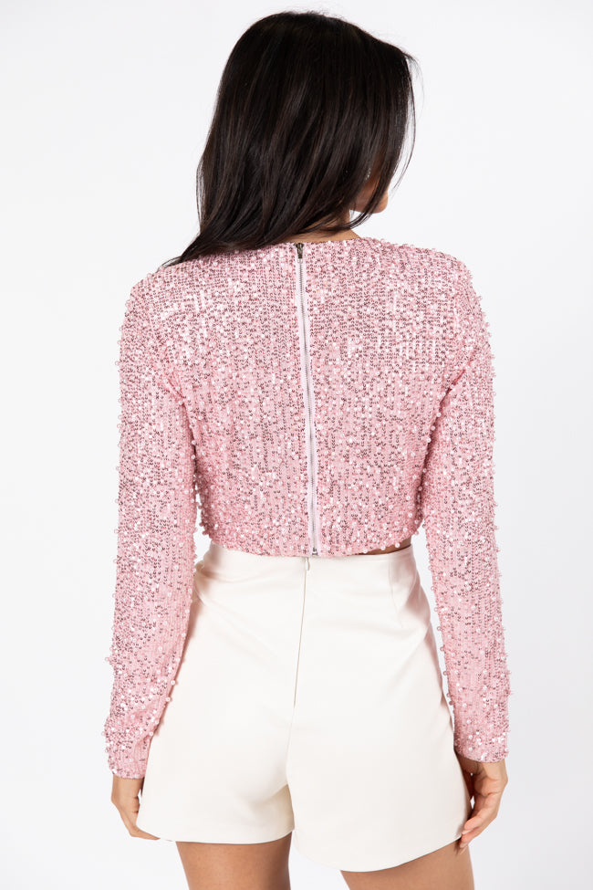 Stylish Pink Pearl & Sequin Embellished Crop Blouse for Women | Trendy Party Top | Perfect for Night Out, Club Wear & Special Occasions