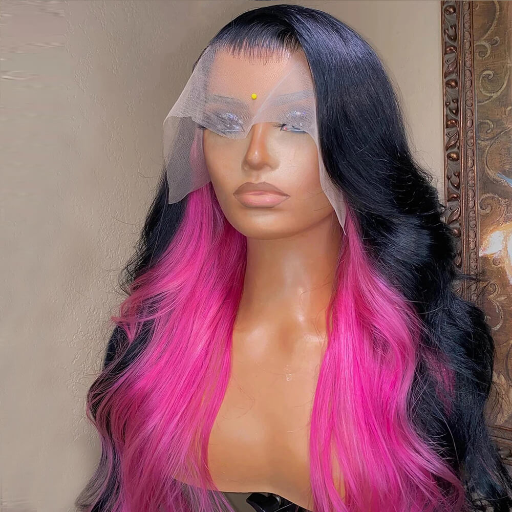 Eullair Human Hair Lace Frontal Wig with Trendy Inner Color (Red/Pink) - Perfect for Daily Wear, Parties & Special Occasions
