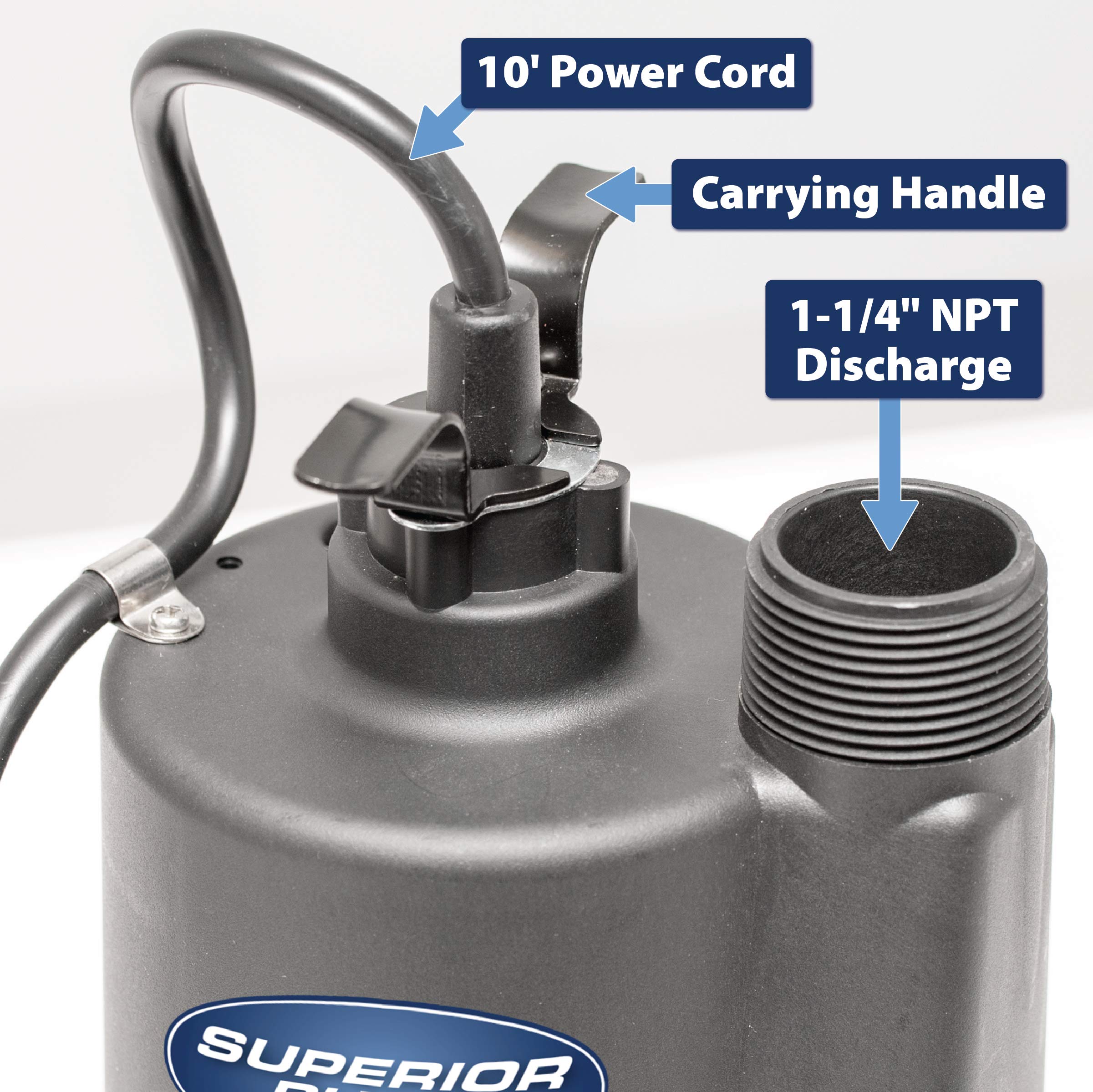 Superior Pump 92330 1/3 HP Thermoplastic Submersible Sump Pump with Tethered Float Switch - Heavy Duty Water Removal for Basements, Crawl Spaces & Flooded Areas