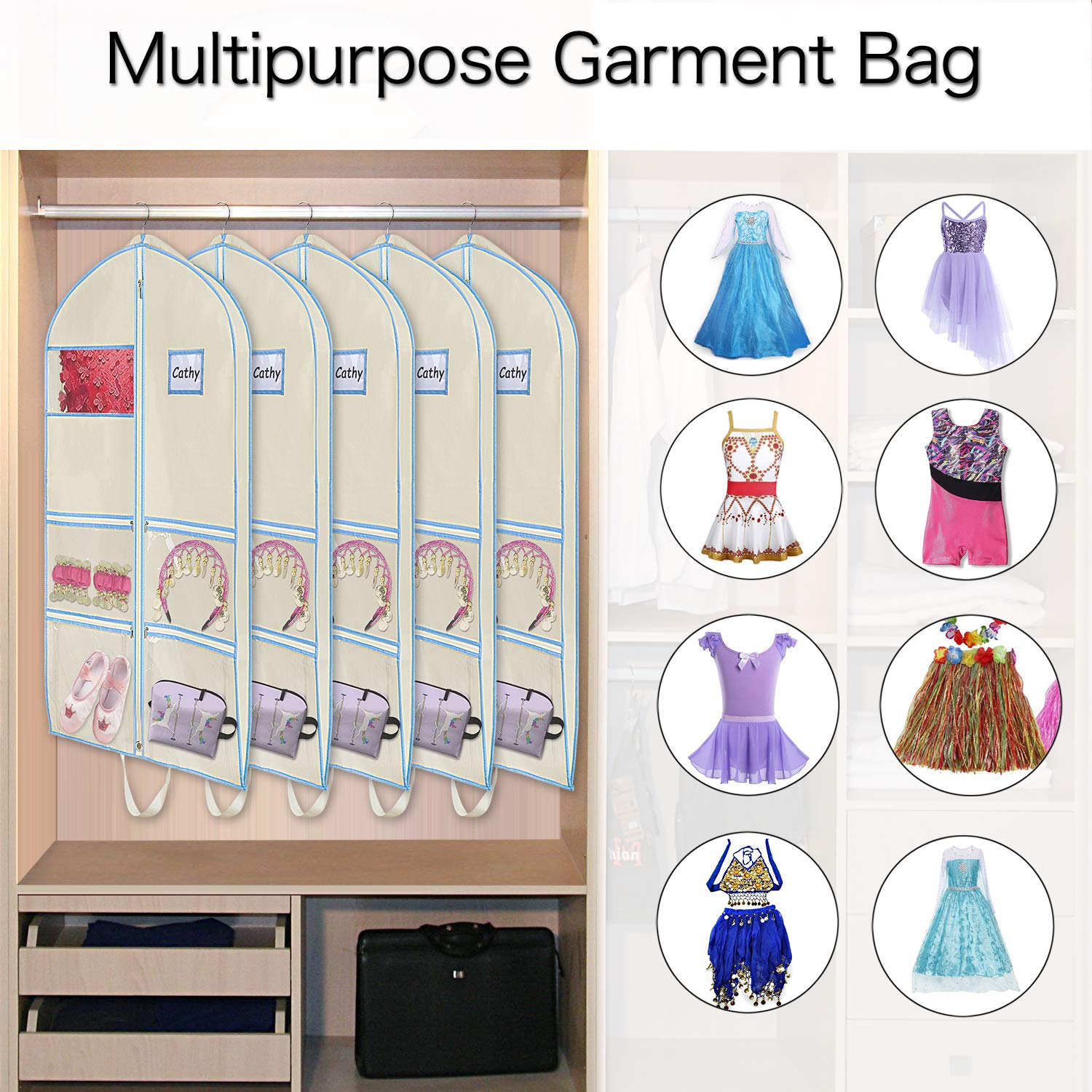 Zilink 3-Pack Kids Dance Costume Garment Bags with Zipper Pockets, Carry Handles - Perfect for Dance Competitions, Recitals, Travel & Closet Storage