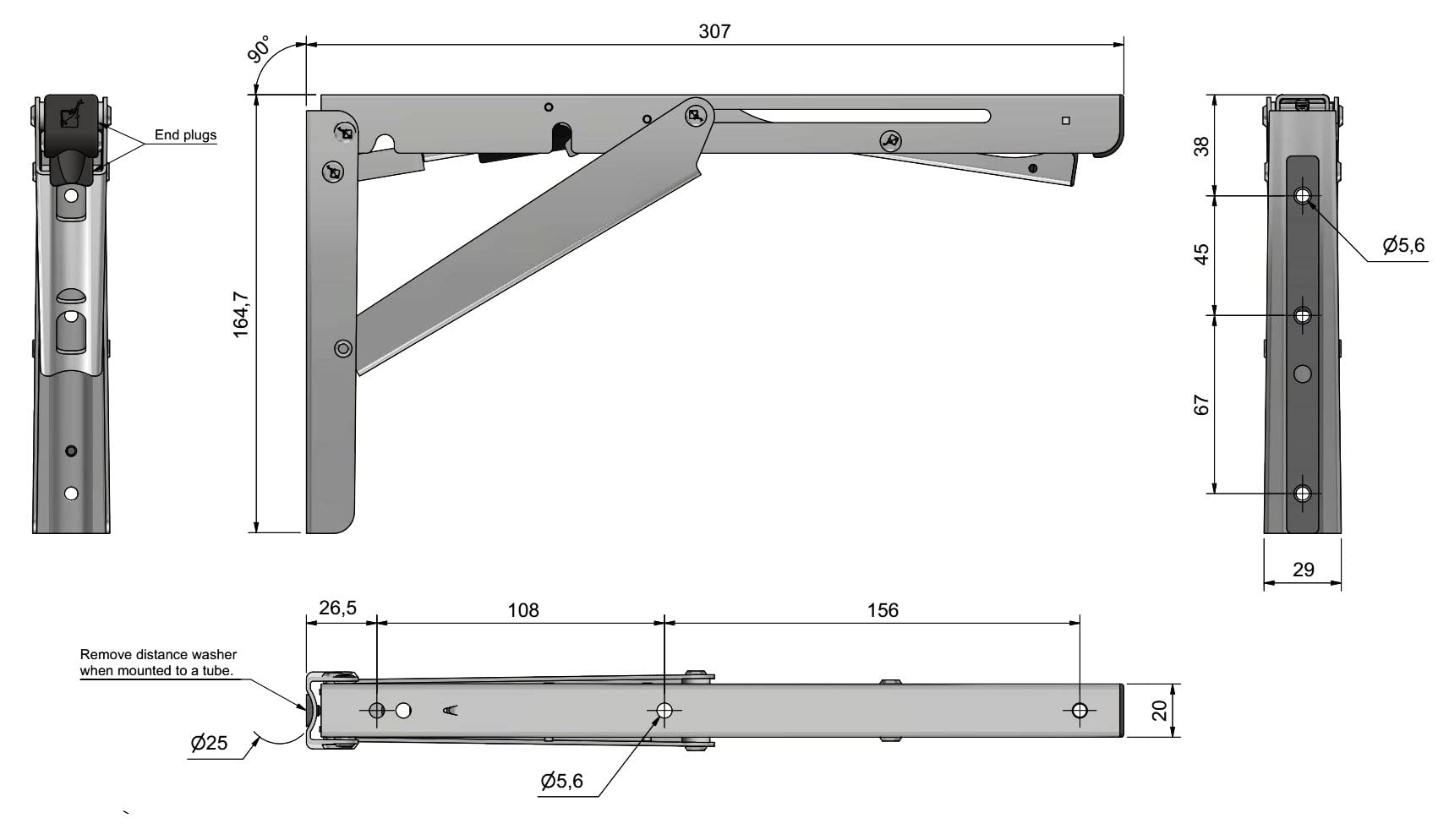 Heavy Duty Stainless Steel Folding Table Support with Soft-Close Damper - EB-303-DA - 220 lbs Load Capacity - Perfect for Kitchen Islands, Workbenches, and Foldable Desks