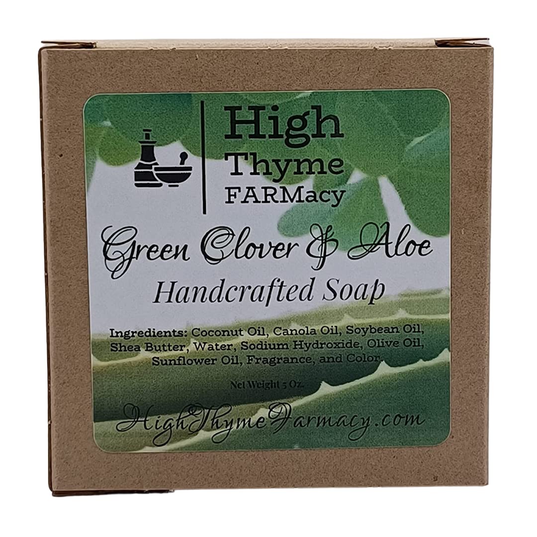 Green Clover & Aloe Handmade Soap - 5oz Natural Moisturizing Bar with Fresh Aloe Scent - Vegan Lye Soap for Dry Skin - Refreshing Body Wash for Spa, Shower & Gift Giving
