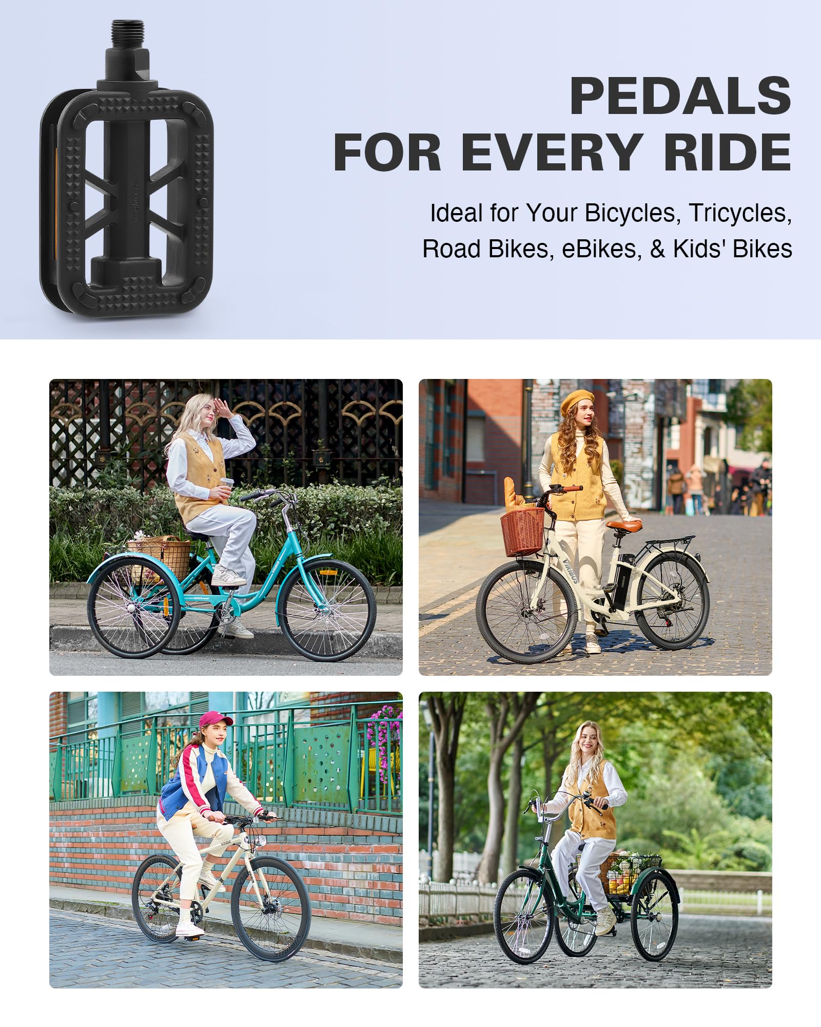 VIRIBUS 9/16 Inch Bike Pedals - Durable Aluminum Alloy/PP Bicycle Pedals with Non-Slip Platforms & Safety Reflectors | Waterproof BMX Pedals for Road Bikes, Mountain Bikes, Tricycles, E-Bikes & Kids Bikes | Perfect for Commuting, Off-Road Adventures & Family Cycling