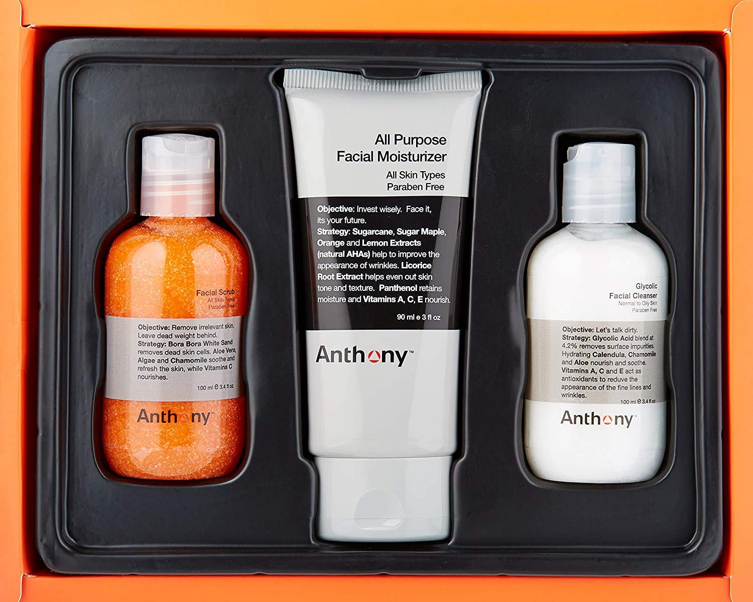 Anthony Face It & Go Kit - Glycolic Facial Cleanser, All Purpose Moisturizer & Exfoliating Scrub (3-Piece Skincare Set) | Daily Face Wash, Hydration & Gentle Exfoliation for Men & Women | Perfect for Travel, Gym & On-The-Go Skincare Routine