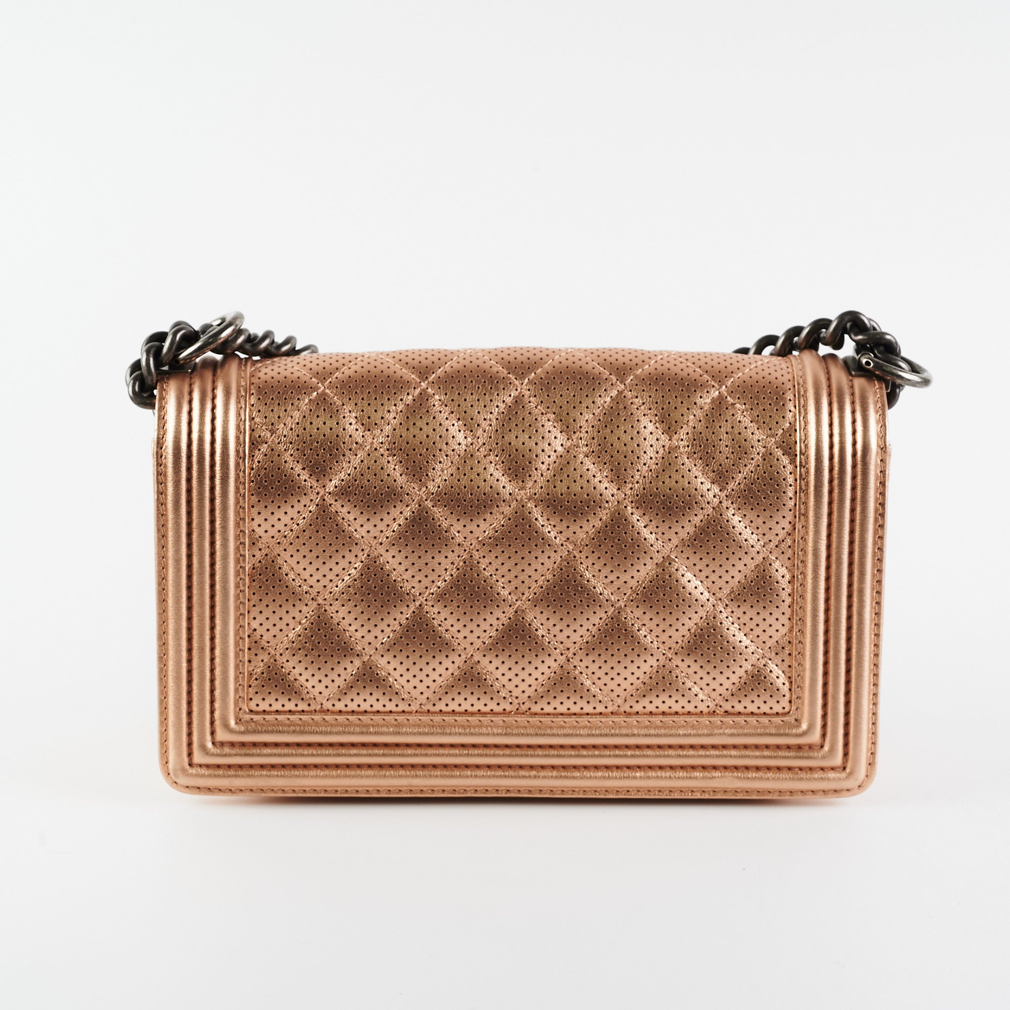 Chanel Boy Bag Perforated Rose Gold Leather Handbag - Luxury Designer Crossbody Bag for Women | Perfect for Parties, Date Nights & Special Occasions