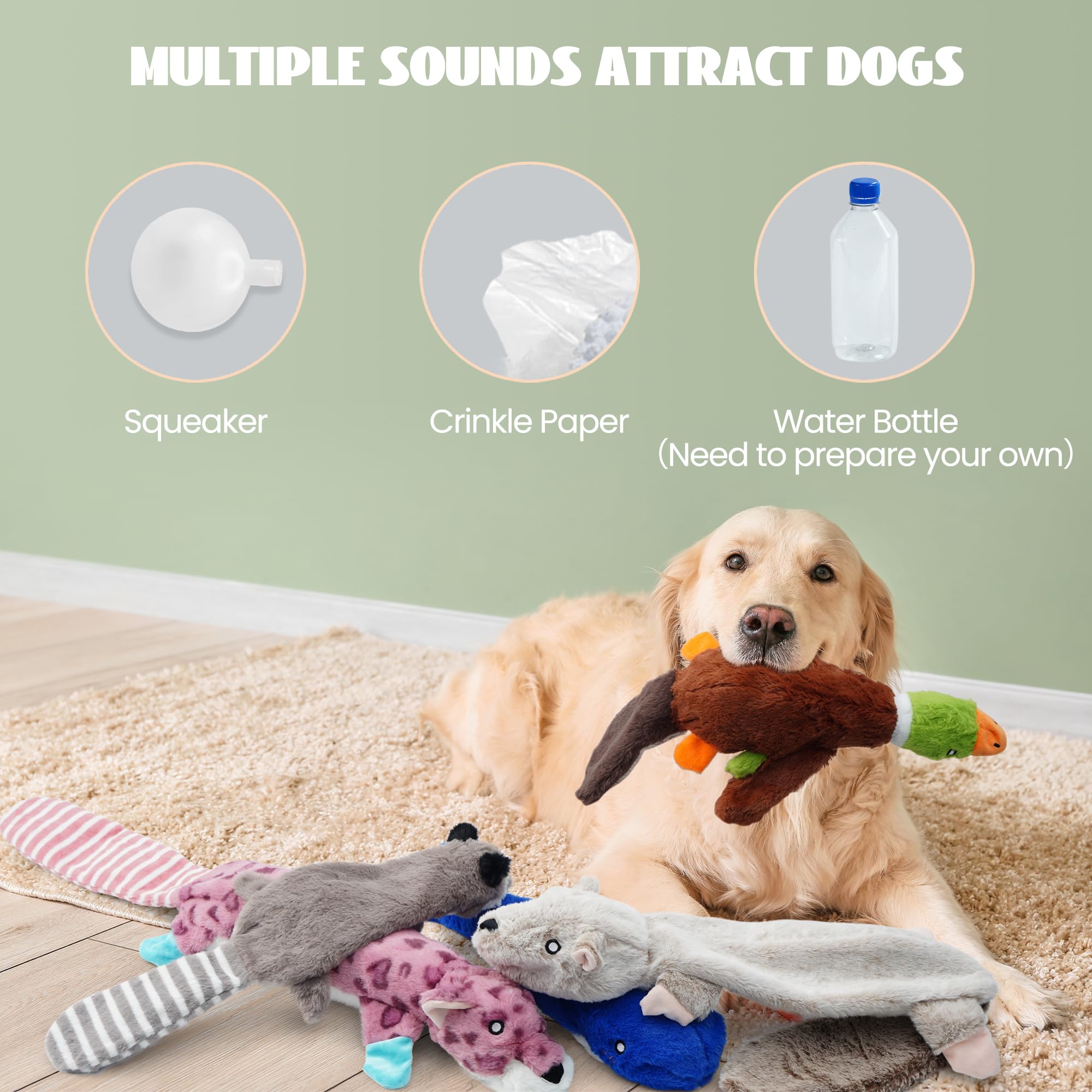 2-in-1 No Stuffing Crinkle Dog Toys with Soft Durable Fabric - Holds Water Bottles, 2 Extra Long & 3 Regular Size Stuffless Chew Toys - Squeaky Interactive Toys for Small to Large Dogs - Perfect for Indoor Play, Outdoor Fetch & Training Rewards