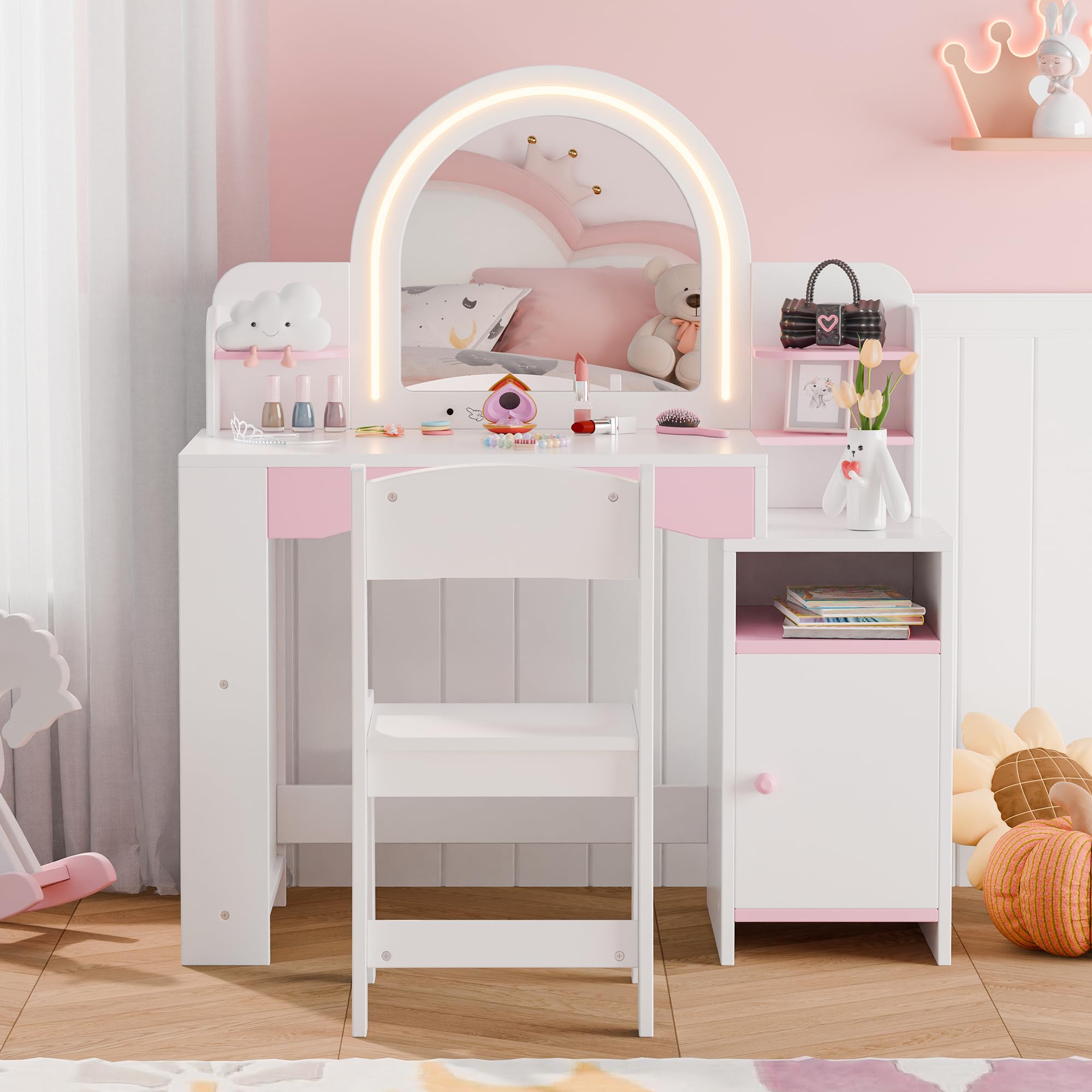 MU Kids Vanity with Lights - Princess Makeup Vanity Desk with Open Bookshelf, Storage Cabinet & Shelves, 2-in-1 Toddler Vanity Table & Chair Set with Lighted Mirror for Little Girls (White) - Perfect for Bedroom Decor, Birthday Gifts & Pretend Play