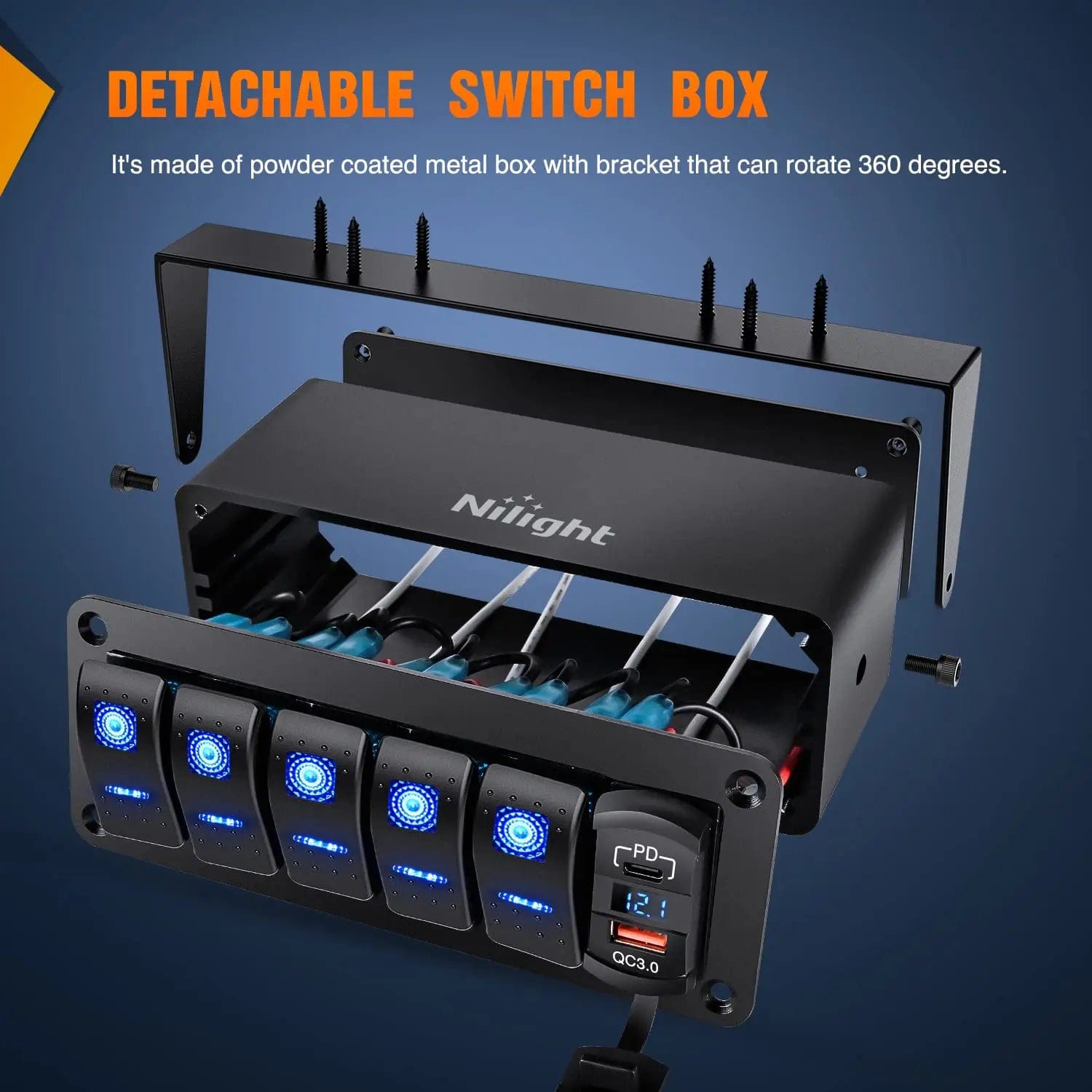 5 Gang Rocker Switch Panel with PD Type C & QC 3.0 USB Charger Ports - 12V/24V Waterproof Marine Boat RV Truck Voltmeter Power Distribution Box for Automotive, Marine, and Off-Grid Applications