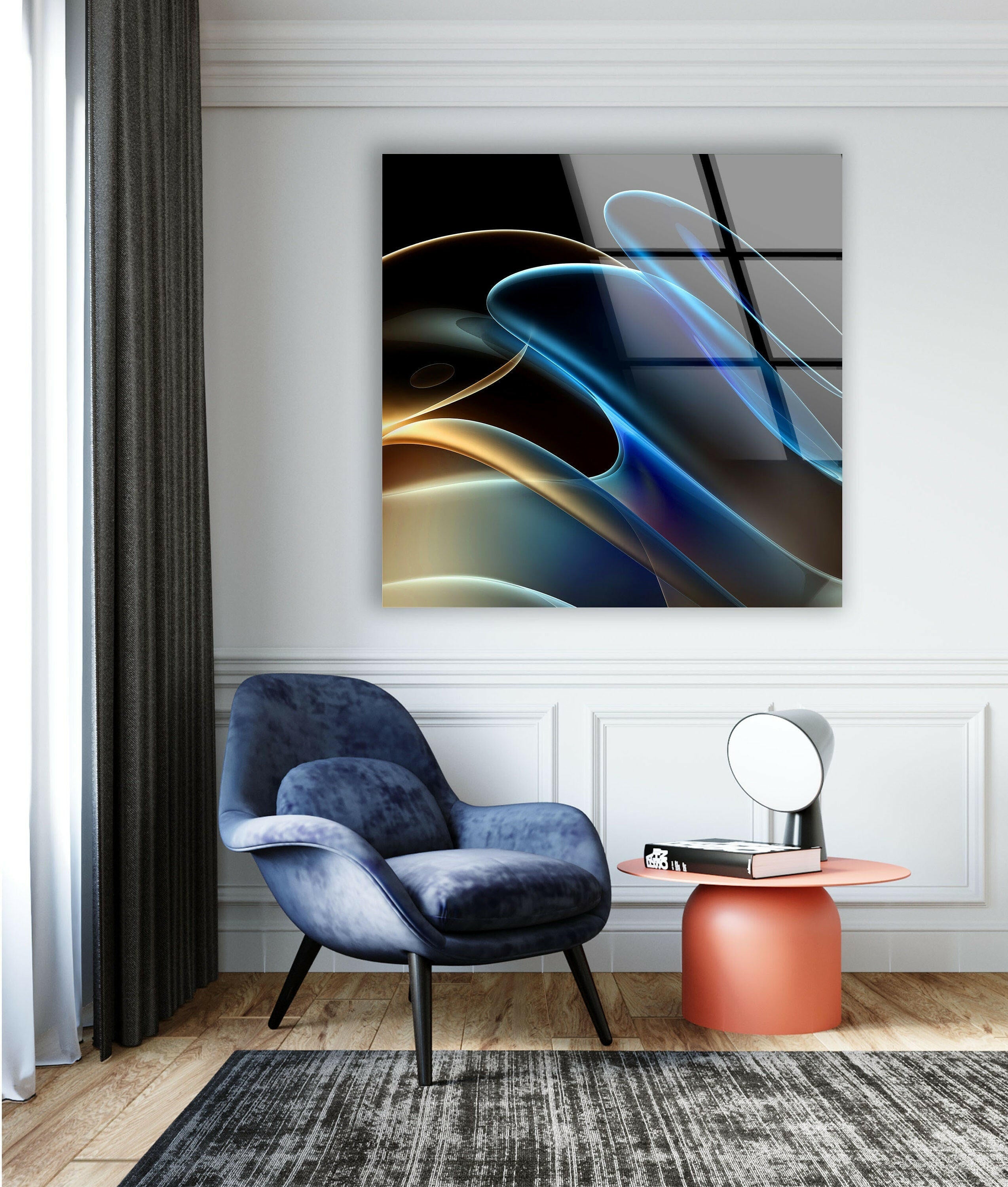 Blue Neon Wave Abstract Glass Wall Art - Modern Home Decor for Living Room, Bedroom & Office - Unique Handmade Glass Painting for Stylish Interior Design