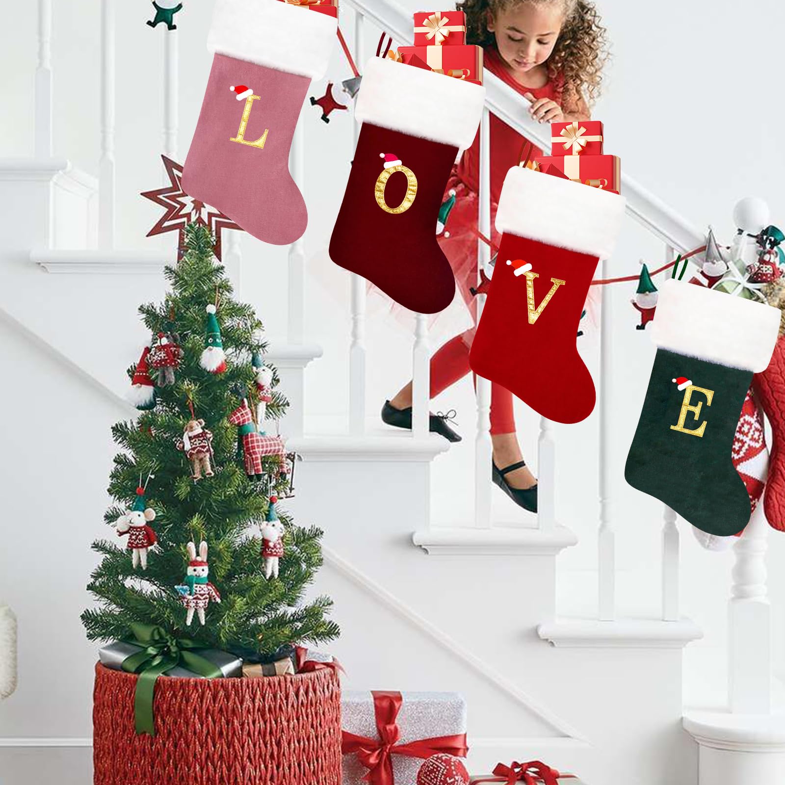 Personalized 20 Inch Red Velvet Christmas Stockings with White Plush Cuff - Embroidered Monogram Holiday Stocking Decor (Letter K) | Perfect for Fireplace Mantel, Gift Filling & Family Holiday Decorations