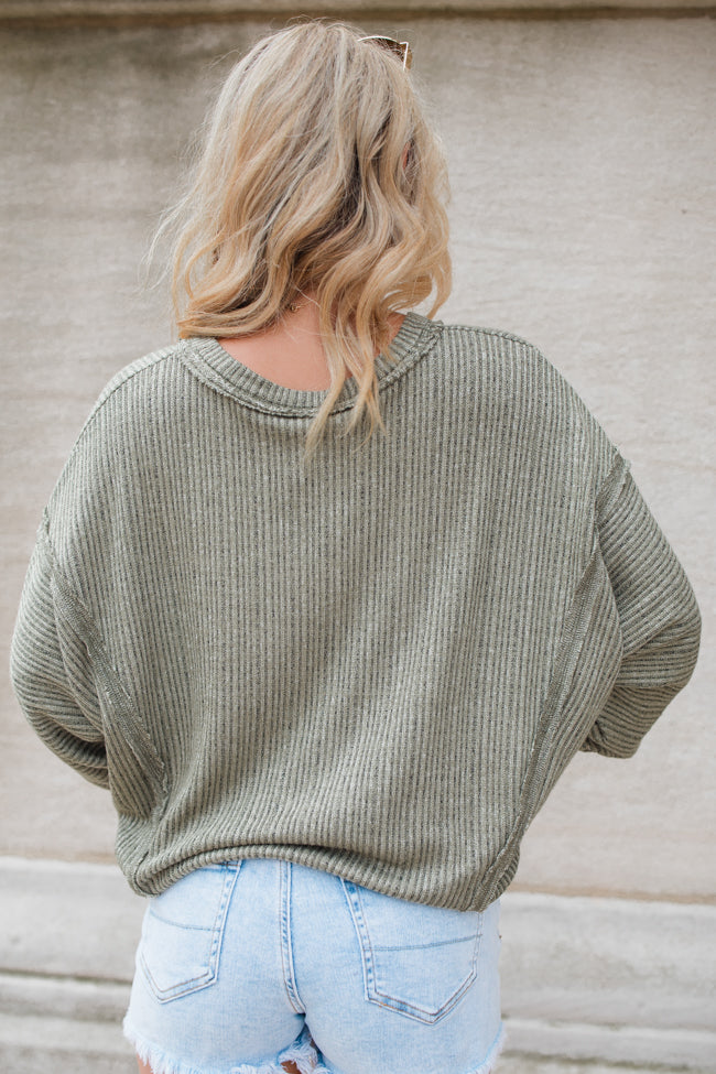 Stylish Olive Ribbed Knit V-Neck Top for Women - Soft & Comfortable Casual Wear - Perfect for Everyday Outfits & Layering