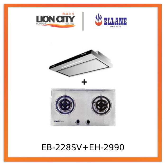 Ellane EH 2990 90cm Stainless Steel Slimline Range Hood with Ellane EB 228SV 75cm 2-Burner Gas Cooktop - Modern Kitchen Ventilation & Cooking Solution for Home Chefs