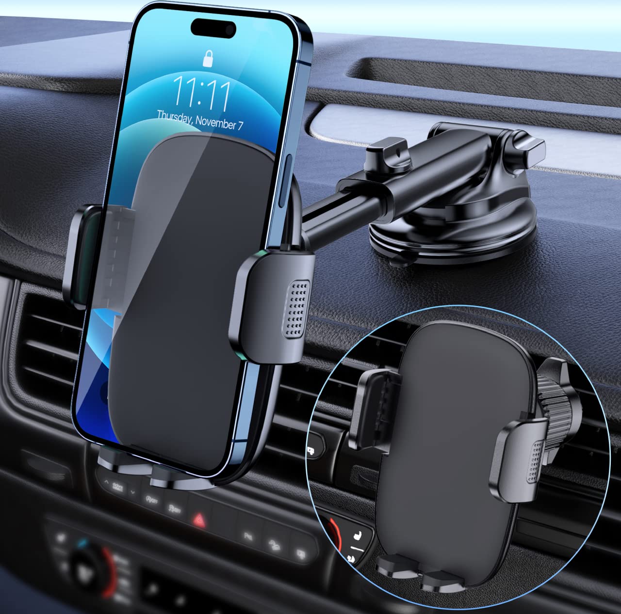 Military-Grade Car Phone Holder Mount - Universal Windshield Dashboard Air Vent Mount with Strong Suction & Stable Hook - Hands-Free Cell Phone Holder for iPhone & Smartphones - Perfect for Road Trips, Commuting & GPS Navigation