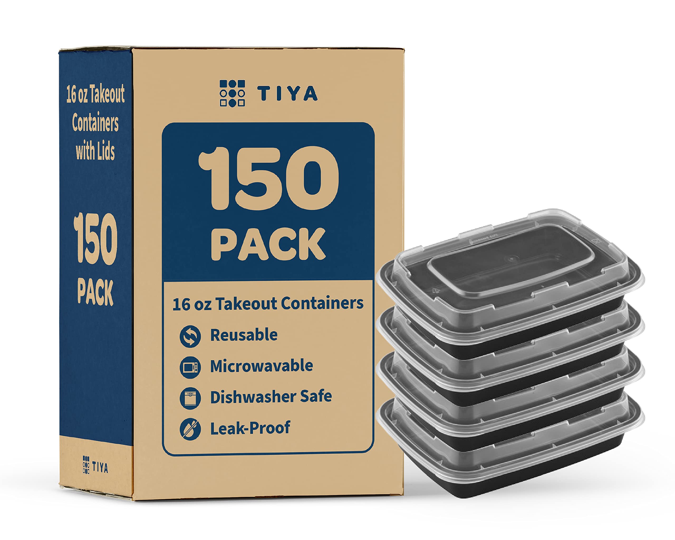 TIYA 16 oz Takeout Food Containers Bulk 150 Pack with Lids - Reusable Microwave & Dishwasher Safe Plastic Storage Containers for Restaurants - Leakproof Rectangular Meal Prep Containers for To-Go Food, Leftovers & Party Catering