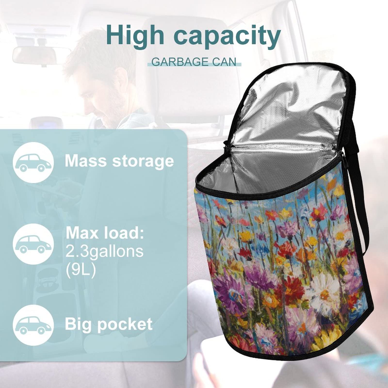 Niapessel Car Trash Can with Lid - Waterproof Leak-Proof Hanging Garbage Bin for Cars, Trucks & SUVs | Beautiful Floral Pattern | Perfect for Road Trips, Commuting & Keeping Your Vehicle Clean