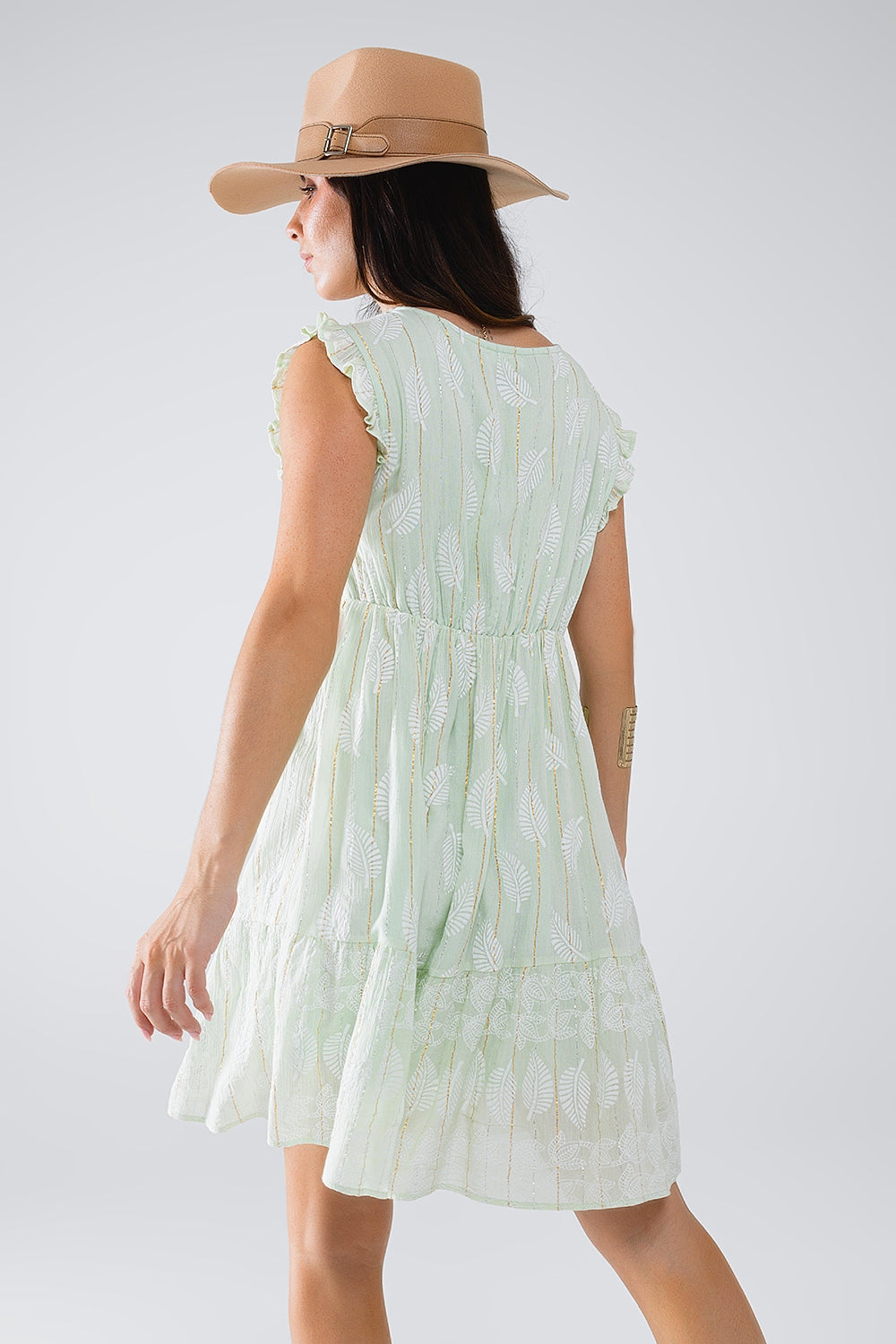 Mint Green Lace Babydoll Robe with Leaf Print and Lurex Thread - Perfect for Bridal Shower, Honeymoon, and Romantic Nights