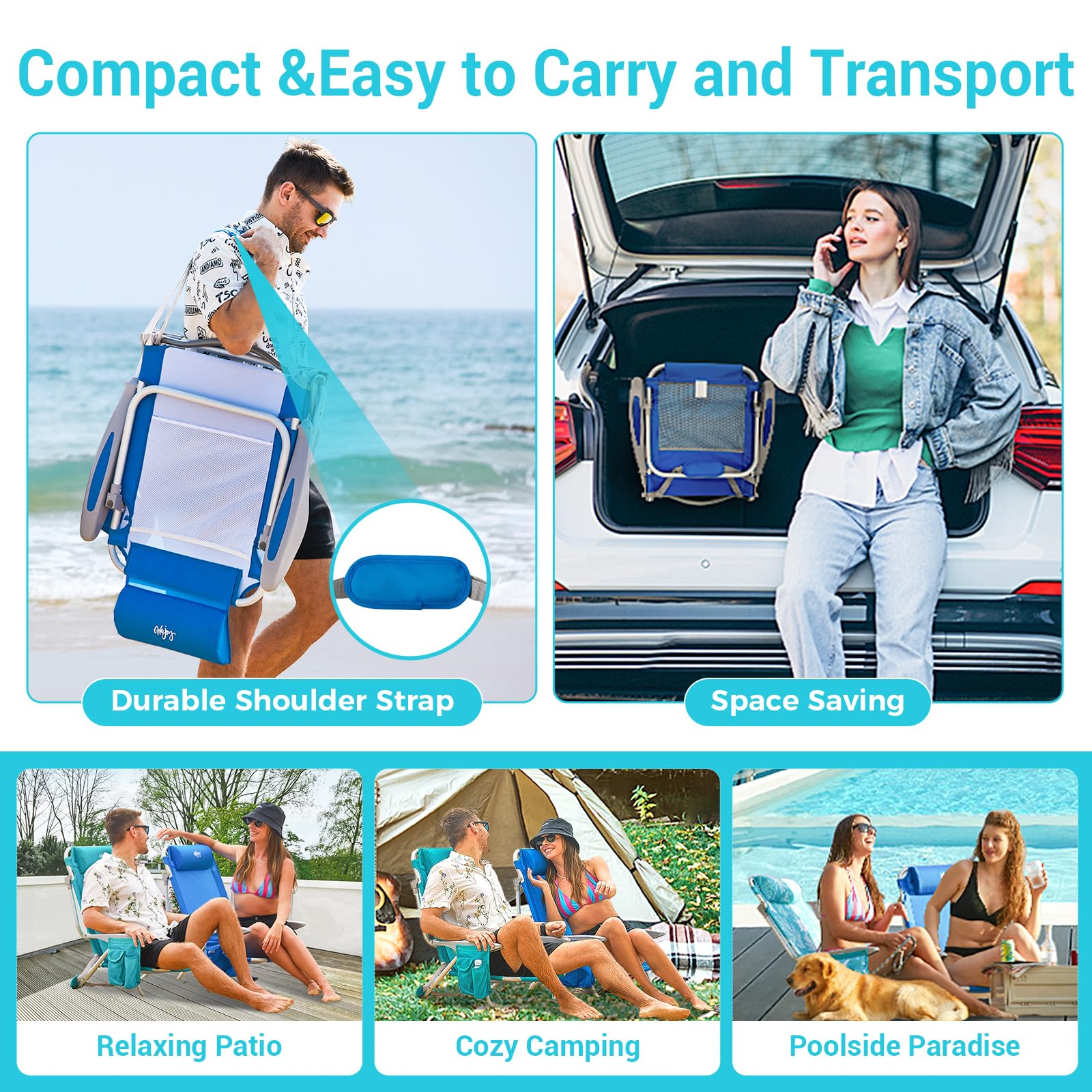 WEJOY 4-Position Folding Beach Chair for Adults - Lightweight Aluminum Frame with Shoulder Strap, Cup Holder & Padded Headrest - Supports 265lbs - Perfect for Beach, Poolside, Camping & Backyard Relaxation (Blue, 2-Pack)