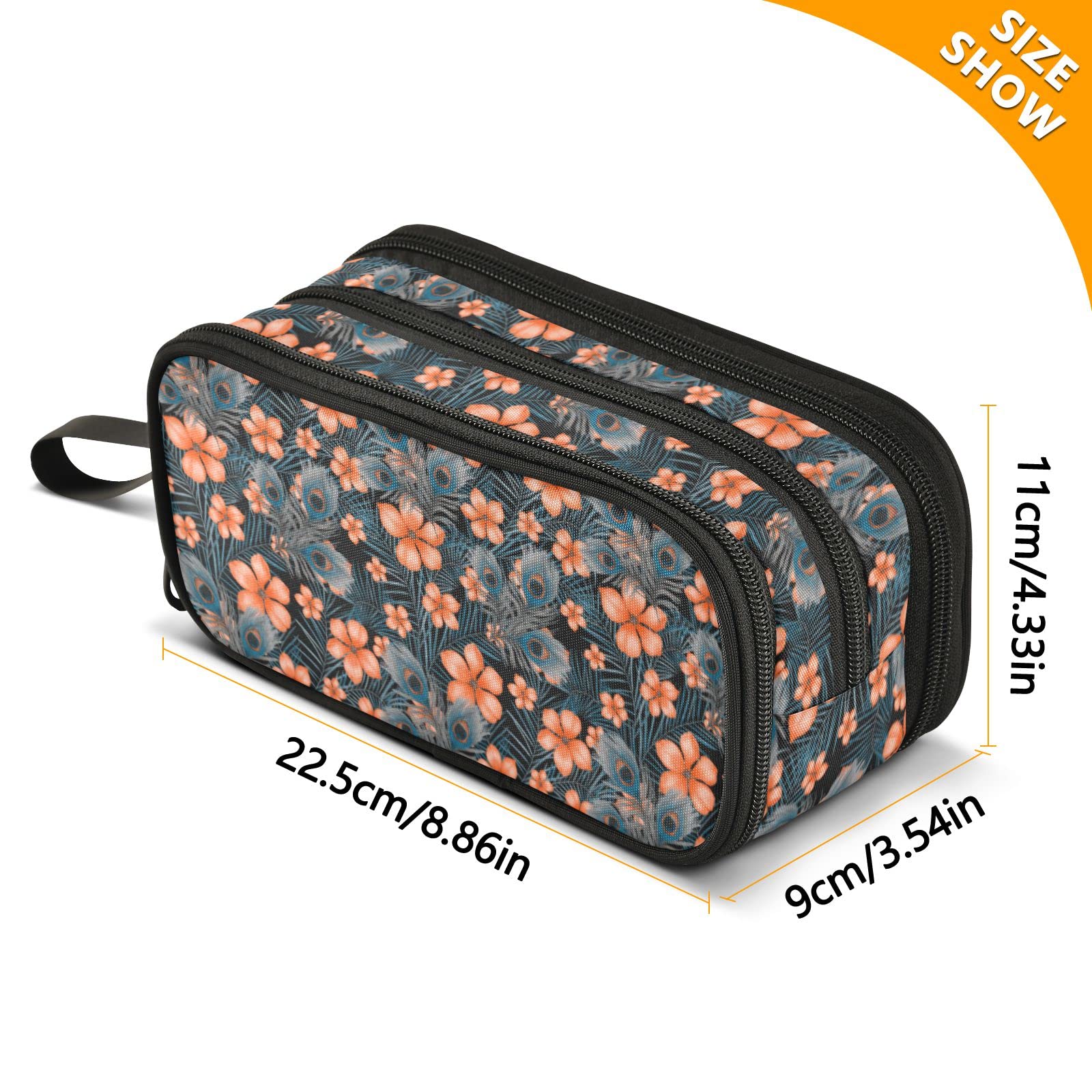 ALAZA Elegant Peacock Feather & Floral Design Nylon Pencil Case - Zippered Stationery Organizer for School, Office, College Students - Perfect for Women & Men (Great Gift for Back to School, Work Essentials)