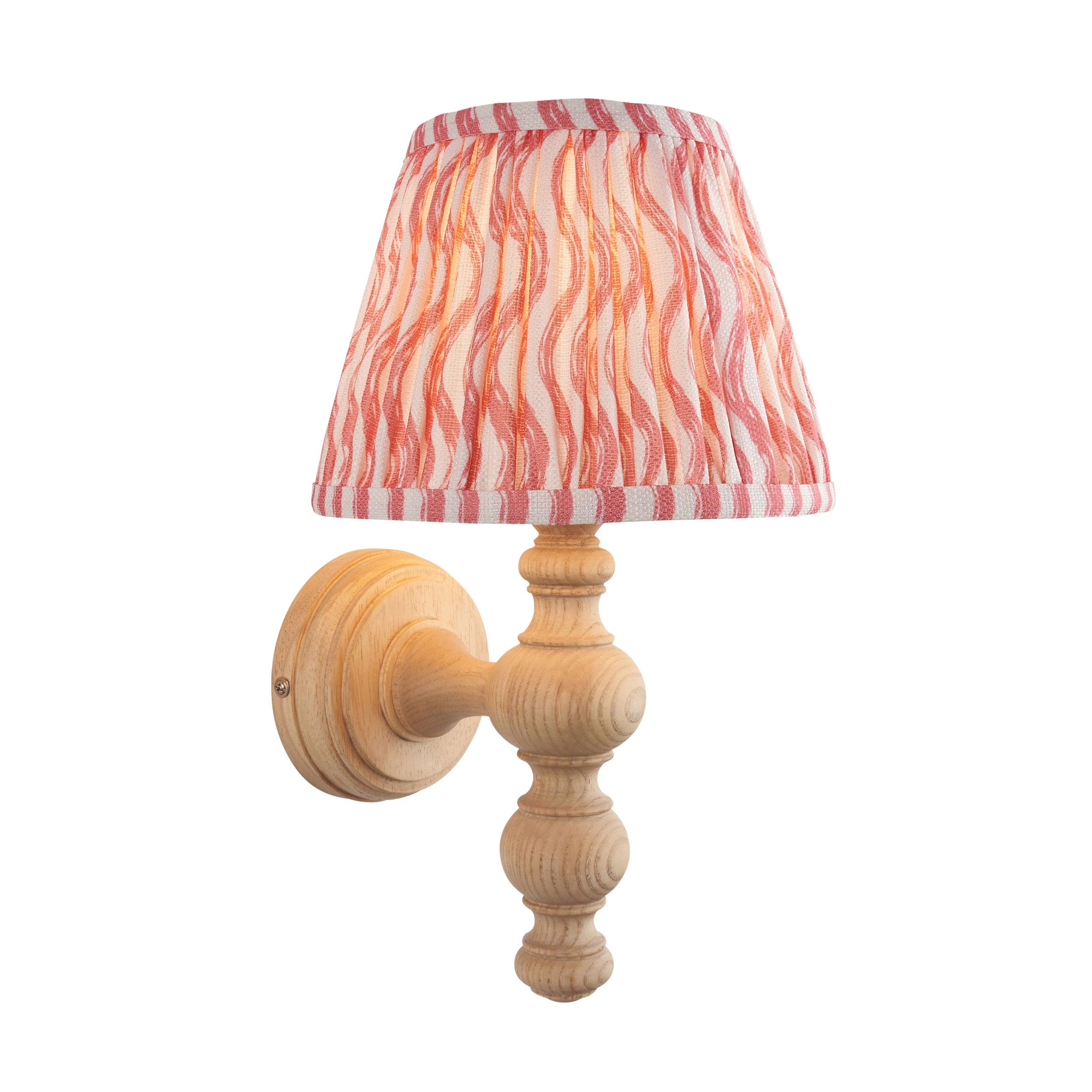 Bibury Wooden Wall Light with 20cm Coral Pink Ripple Shade - Perfect for Bedroom, Living Room, and Hallway Decor