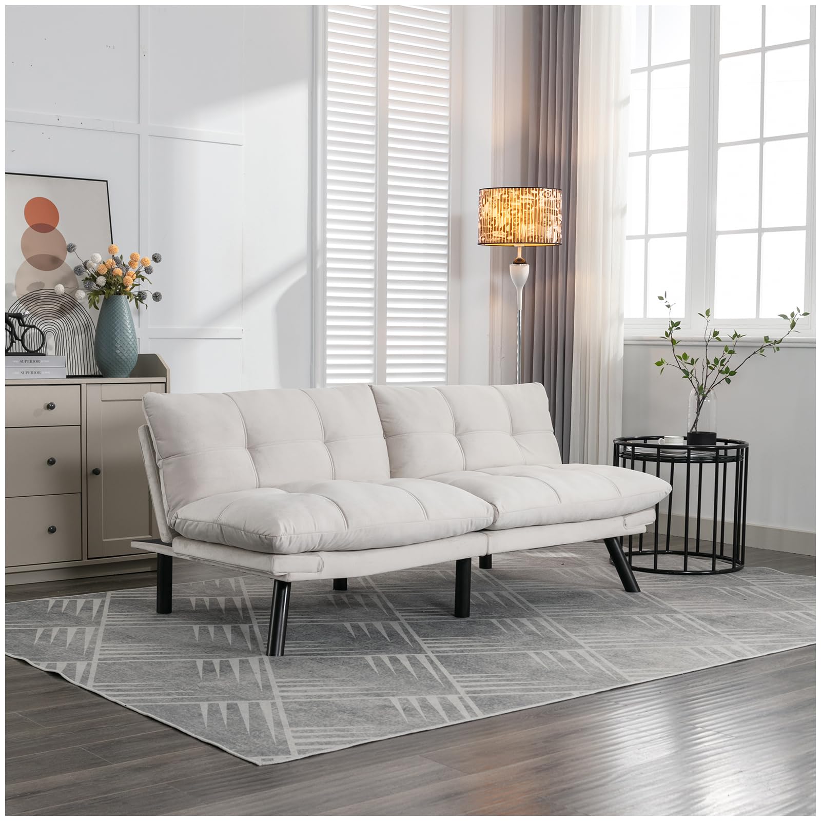 Adjustable Foldable Modern Leisure Memory Foam Futon Sofa Bed - Convertible Folding Reversible Bench Bed Chaise Lounge with Metal Legs - Cream Color for Living Room, Bedroom & Small Spaces - Perfect for Guests, Napping & Relaxation