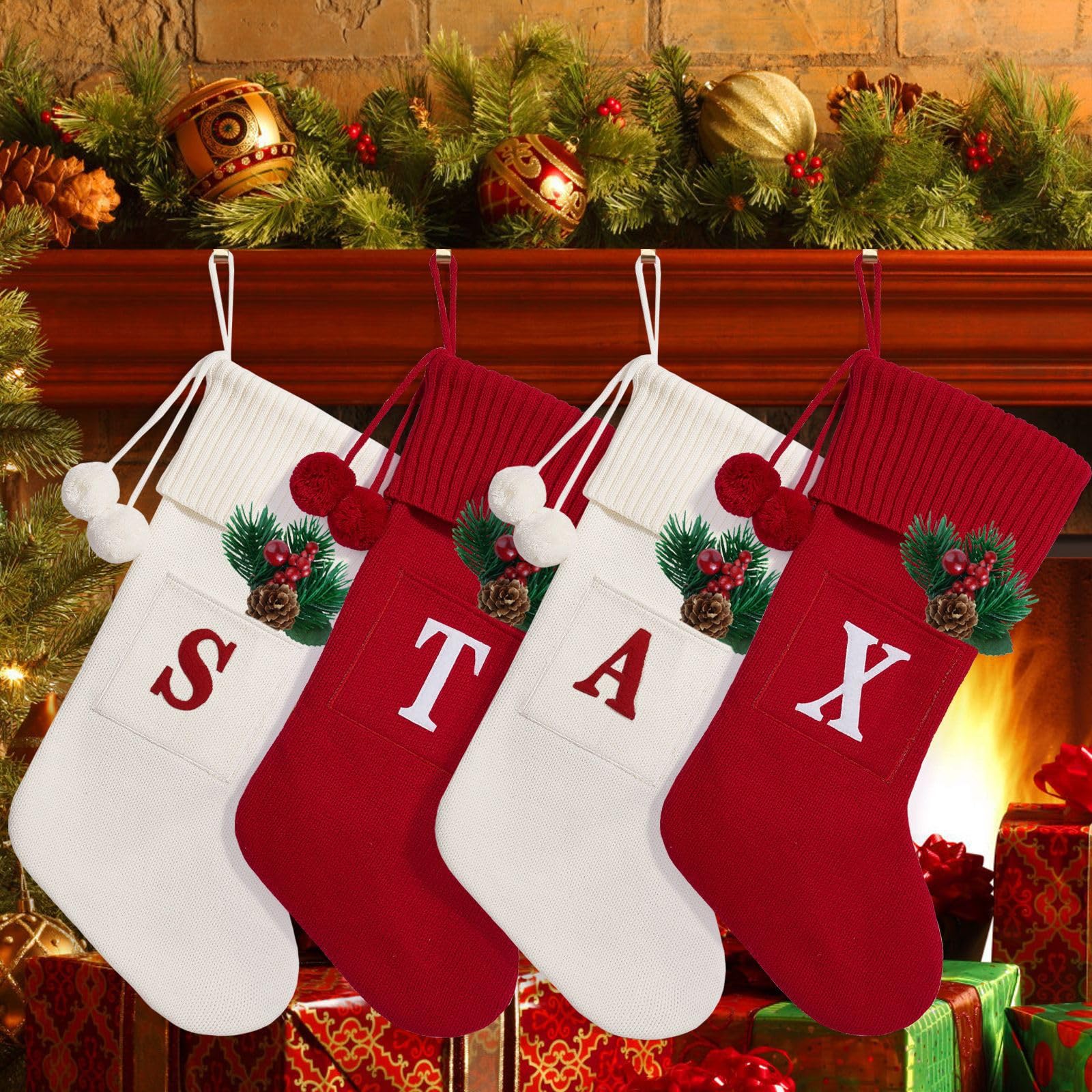 Personalized Knitted Christmas Stockings with Monogram Initials - 16.5 Inch Custom Xmas Stockings for Fireplace Hanging (26 Letters Available) - Perfect for Family Holiday Decorations, Christmas Party Gifts & Cozy Winter Home Decor (White)
